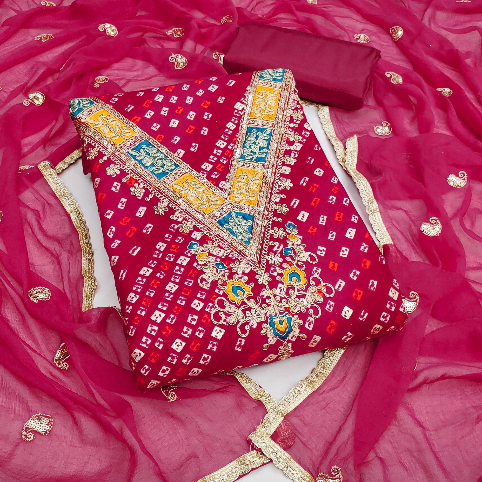 Traditional Pink Bandhani Printed Rayon Dress Material Accented With Cording Embroidery Work - Image 1
