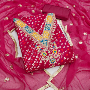 Traditional Pink Bandhani Printed Rayon Dress Material Accented With Cording Embroidery Work - Image 1