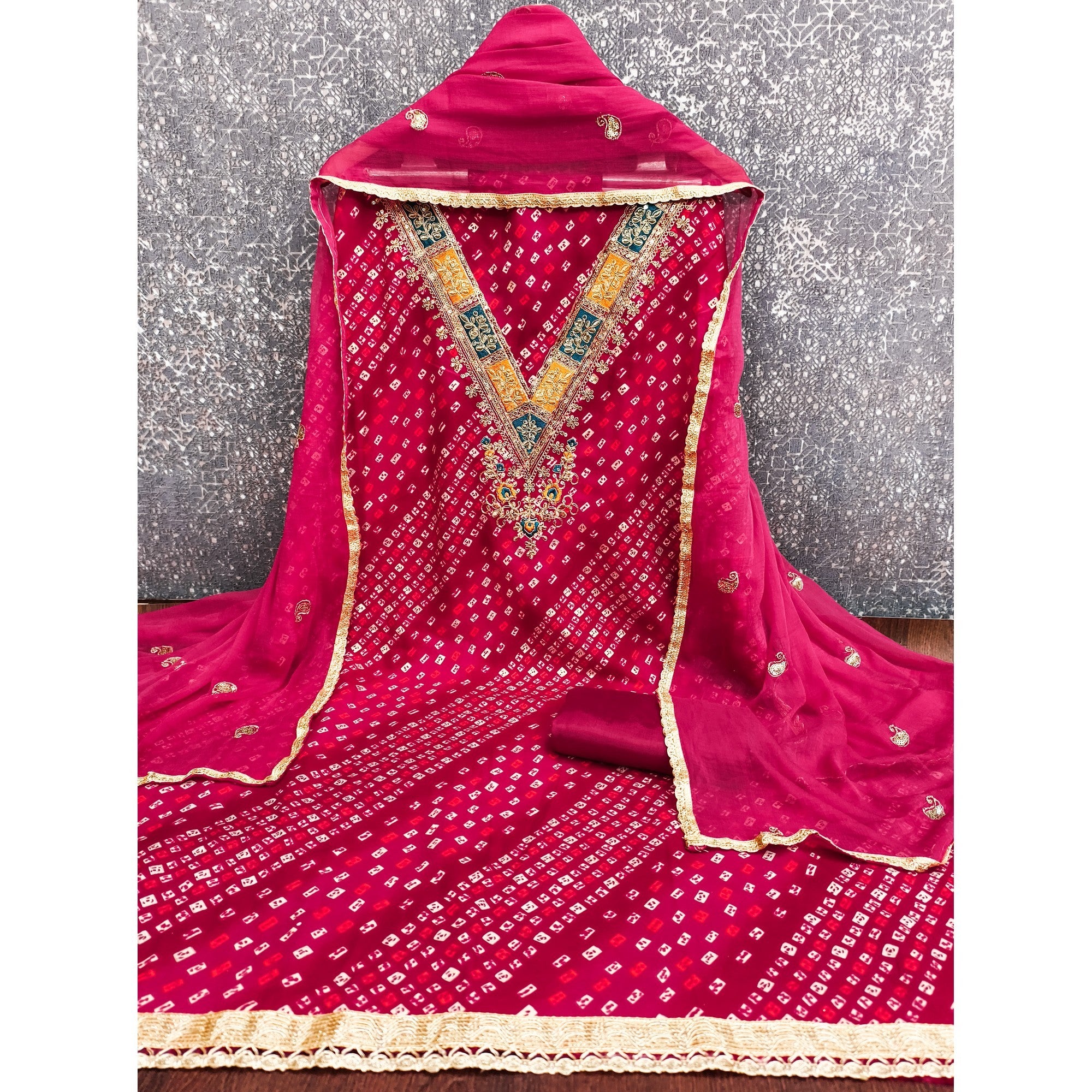 Traditional Pink Bandhani Printed Rayon Dress Material Accented With Cording Embroidery Work - Image 4