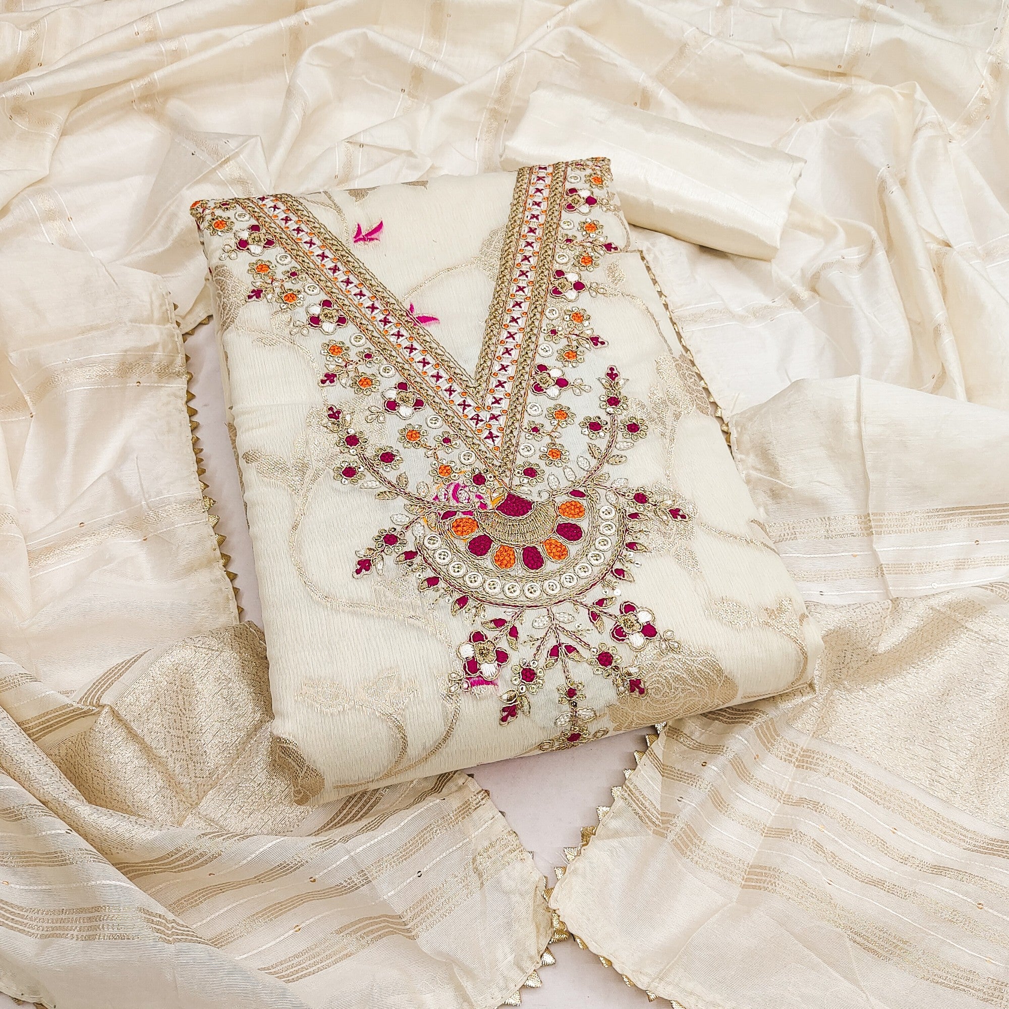Classic Cream Floral Weaving Jacquard Dress Material Featuring Intricate Cording Embroidery Work - Image 1