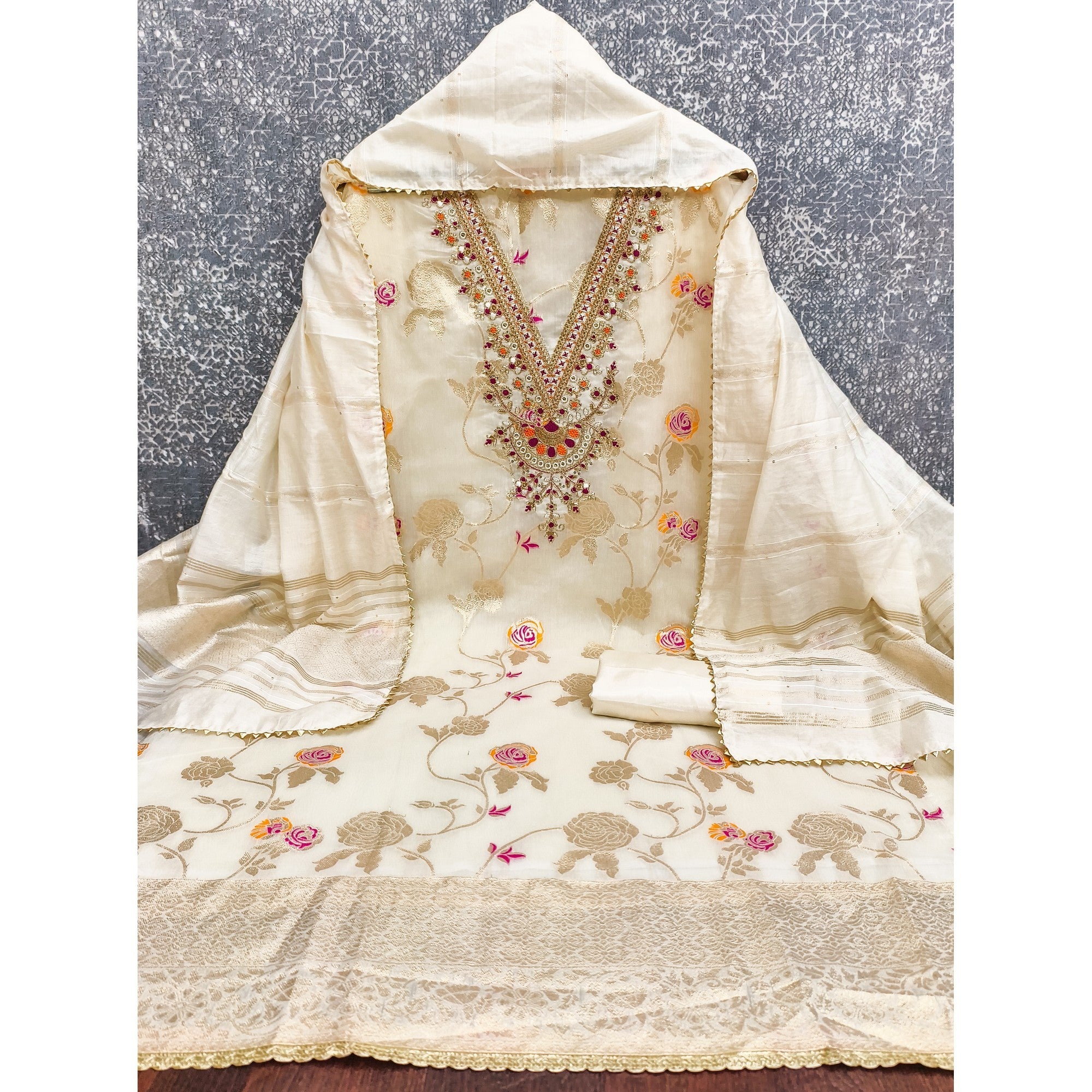 Classic Cream Floral Weaving Jacquard Dress Material Featuring Intricate Cording Embroidery Work - Image 4