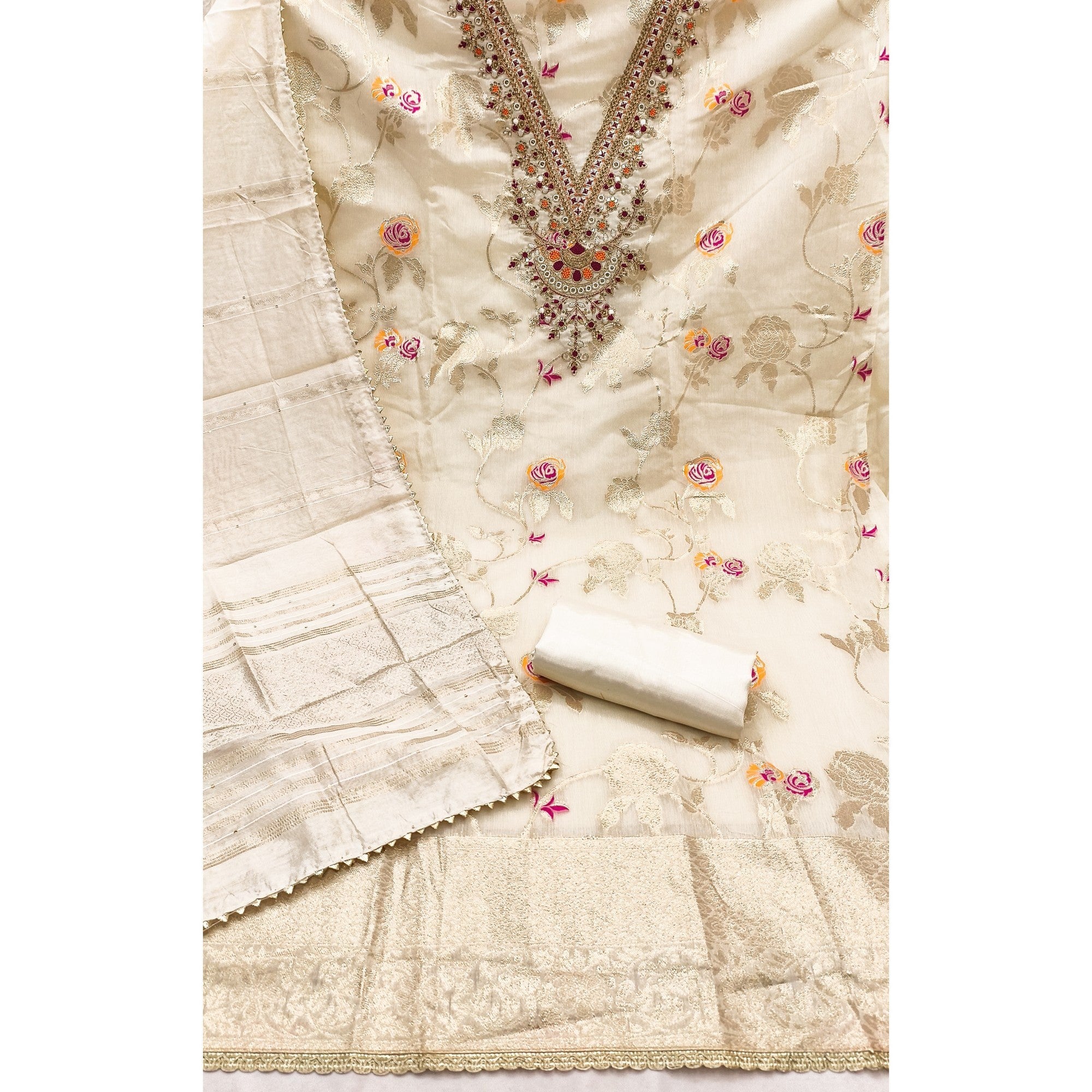 Classic Cream Floral Weaving Jacquard Dress Material Featuring Intricate Cording Embroidery Work - Image 3