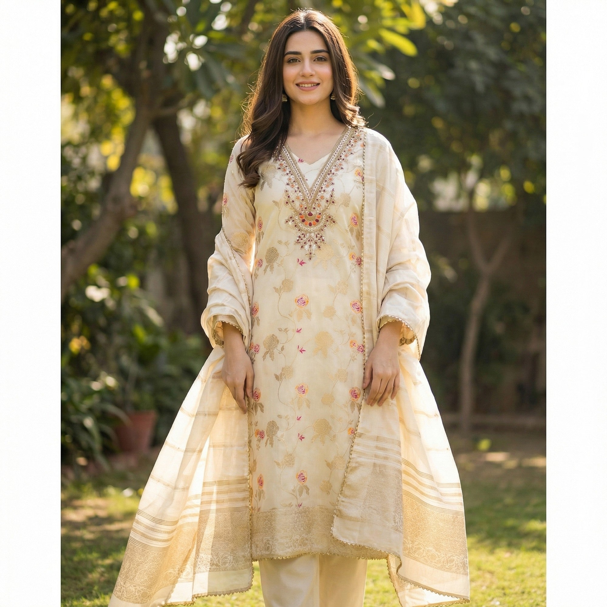 Classic Cream Floral Weaving Jacquard Dress Material Featuring Intricate Cording Embroidery Work - Image 1