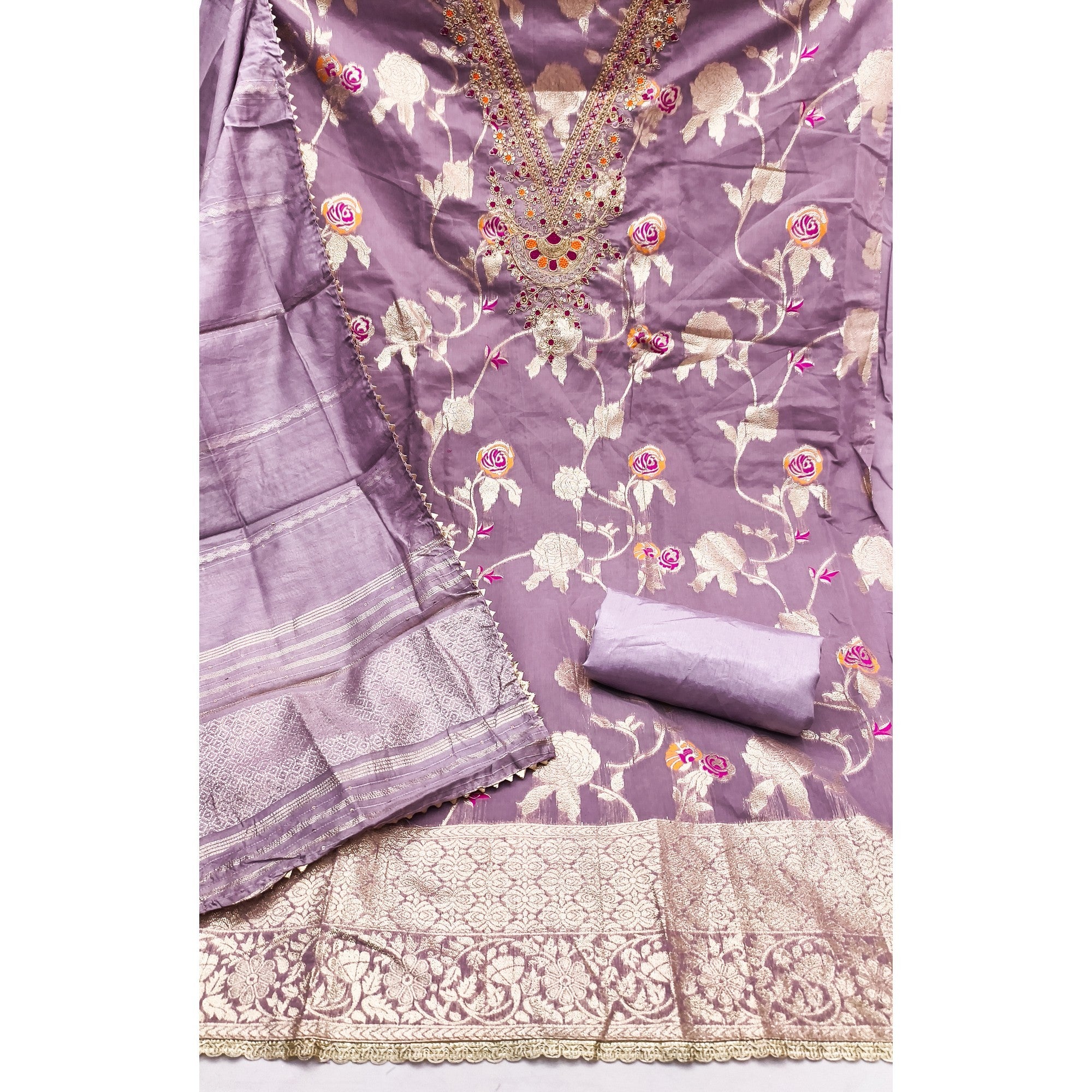 Classic Lavender Floral Weaving Jacquard Dress Material Featuring Intricate Cording Embroidery Work - Image 4