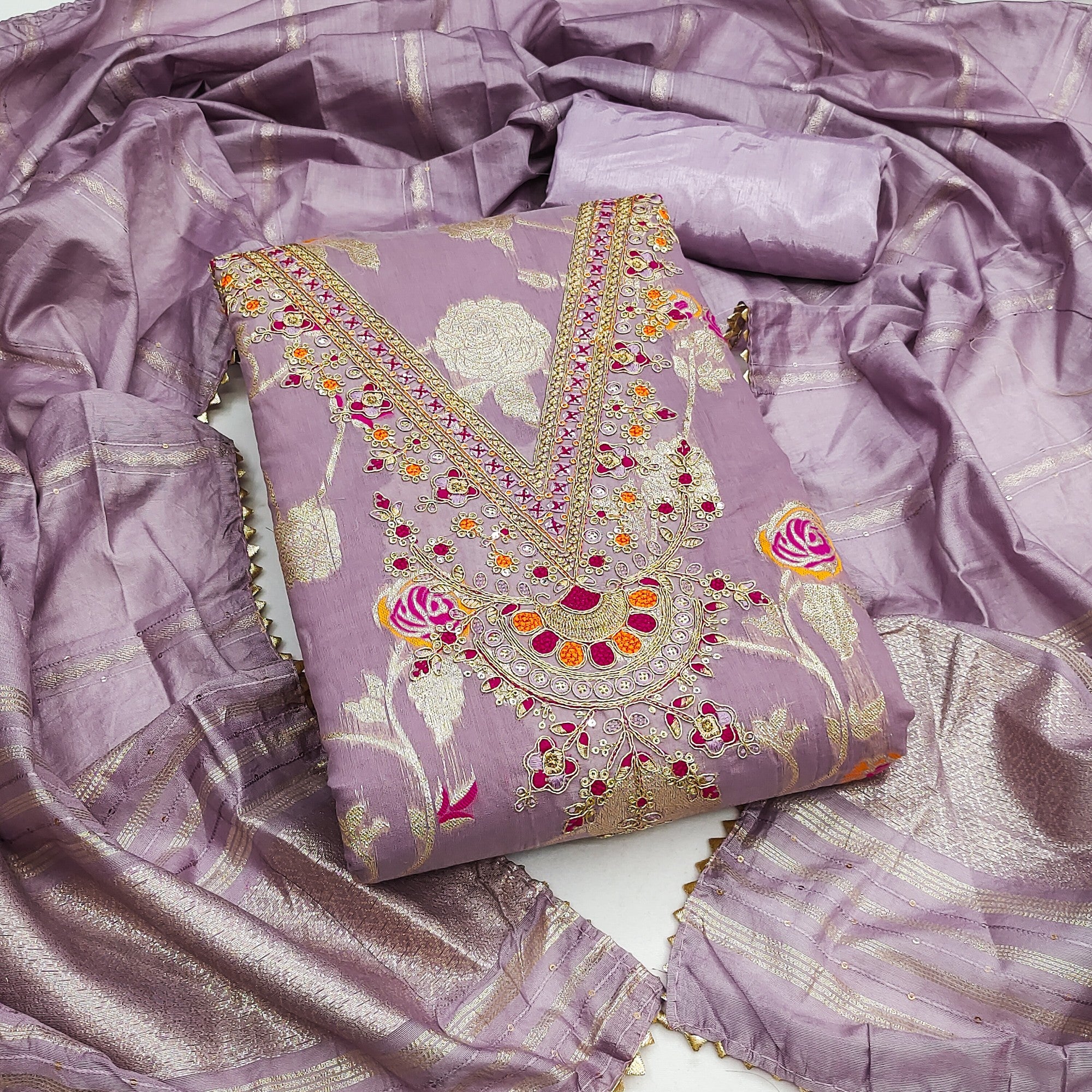 Classic Lavender Floral Weaving Jacquard Dress Material Featuring Intricate Cording Embroidery Work - Image 1