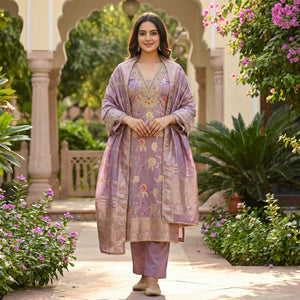 Classic Lavender Floral Weaving Jacquard Dress Material Featuring Intricate Cording Embroidery Work - Image 1