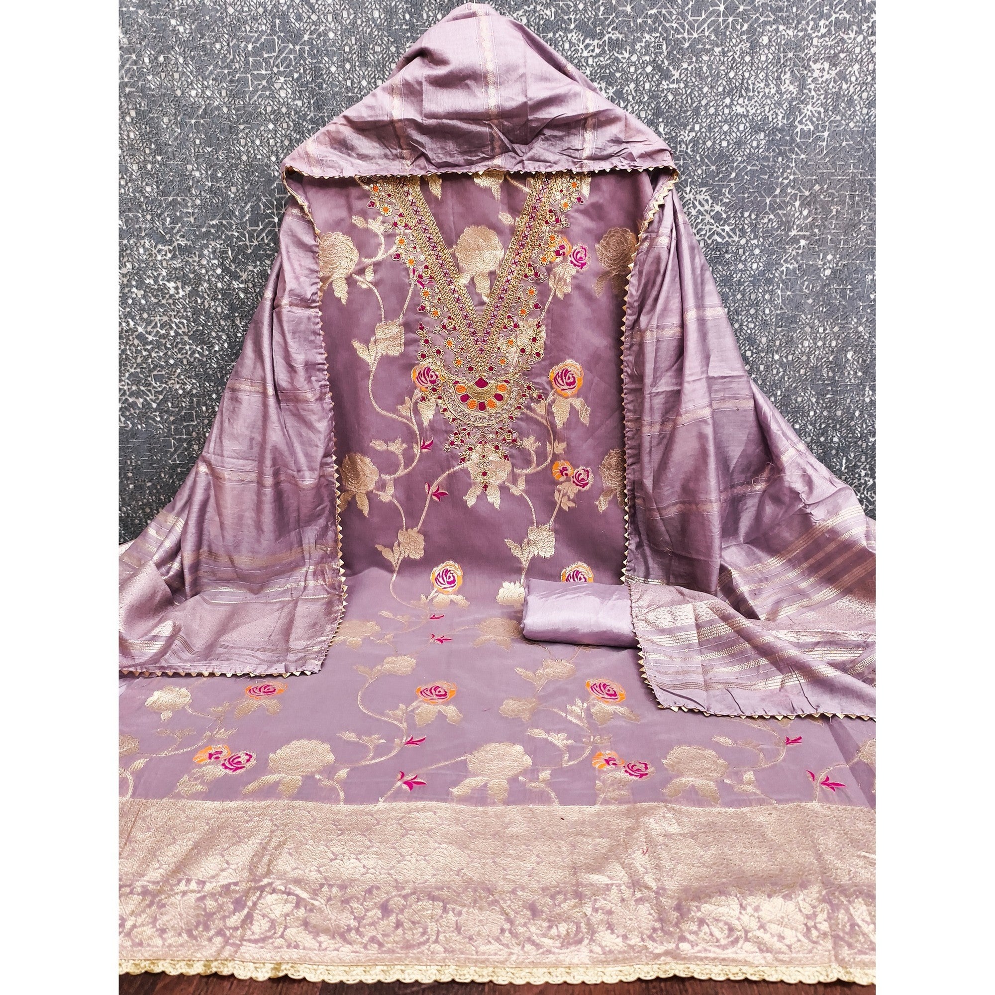 Classic Lavender Floral Weaving Jacquard Dress Material Featuring Intricate Cording Embroidery Work - Image 3