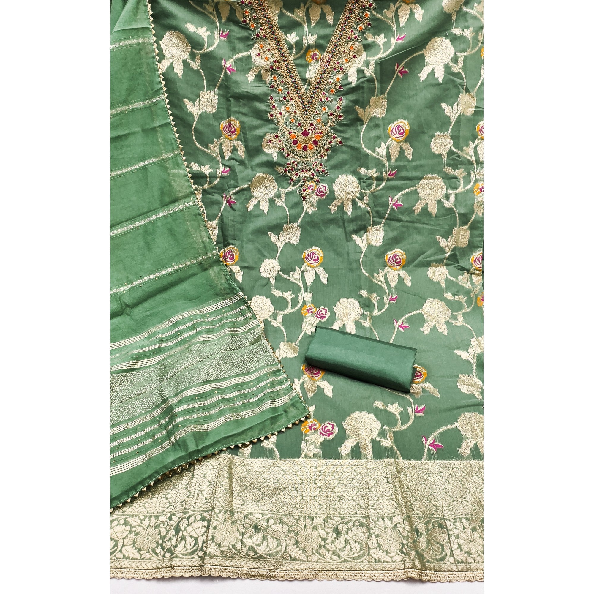 Classic Green Floral Weaving Jacquard Dress Material Featuring Intricate Cording Embroidery Work - Image 3