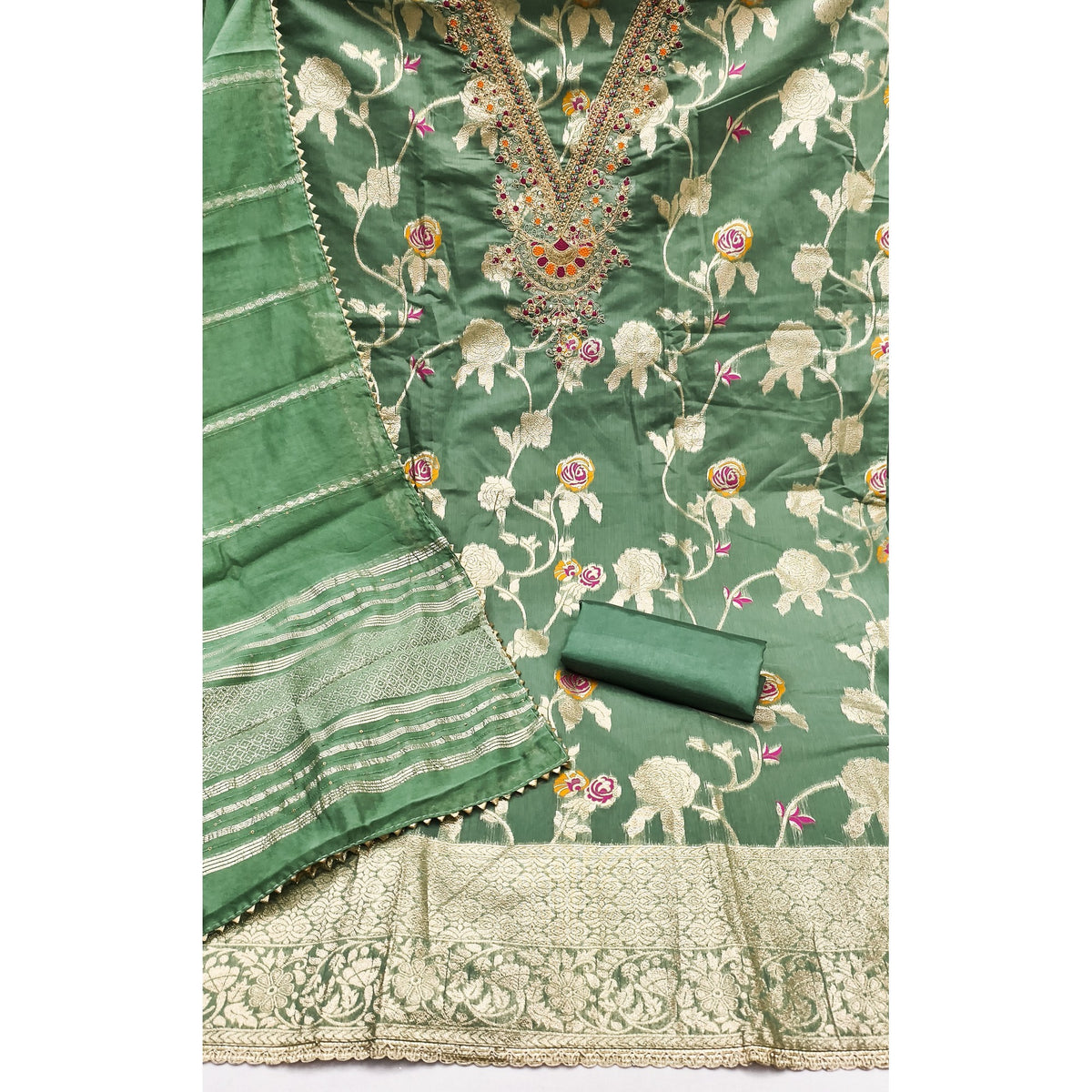 Classic Green Floral Weaving Jacquard Dress Material Featuring Intricate Cording Embroidery Work - Image 3