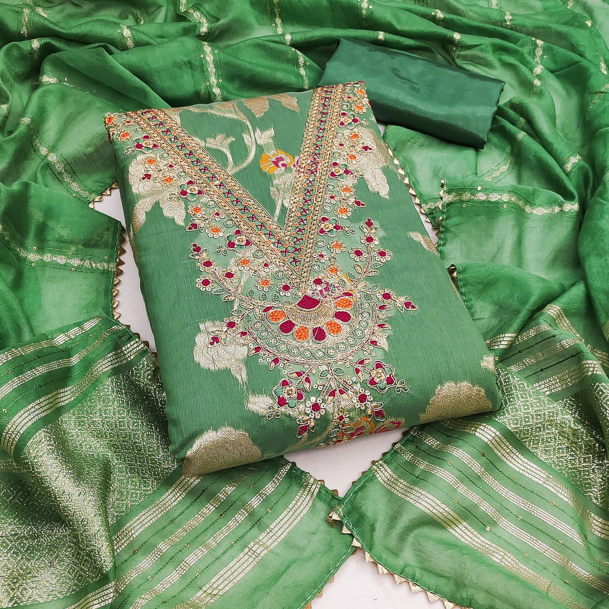 Classic Green Floral Weaving Jacquard Dress Material Featuring Intricate Cording Embroidery Work - Image 1