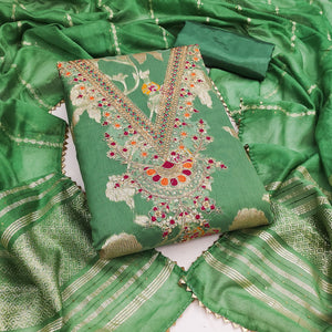 Classic Green Floral Weaving Jacquard Dress Material Featuring Intricate Cording Embroidery Work - Image 9