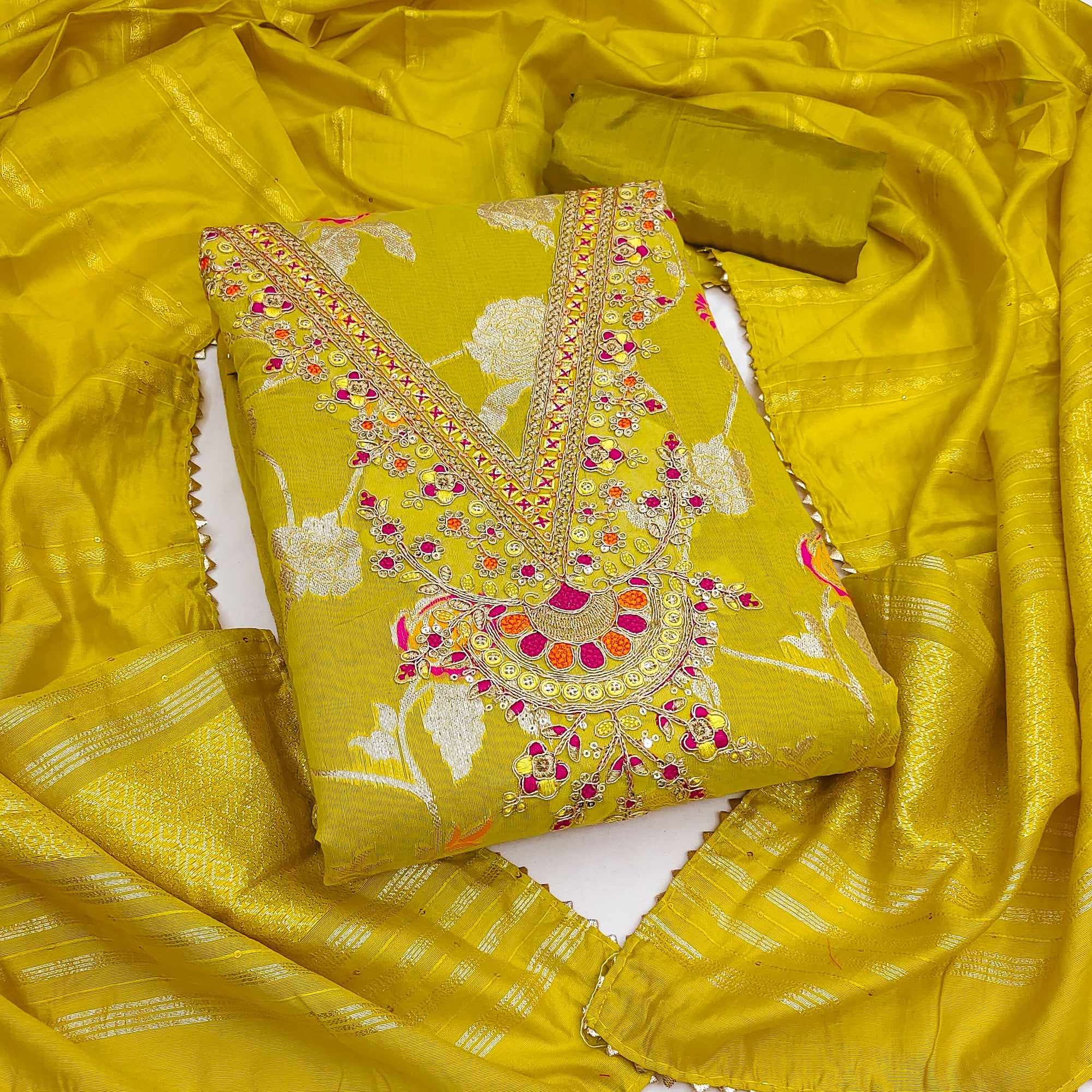 Classic Olive Floral Weaving Jacquard Dress Material Featuring Intricate Cording Embroidery Work - Image 4