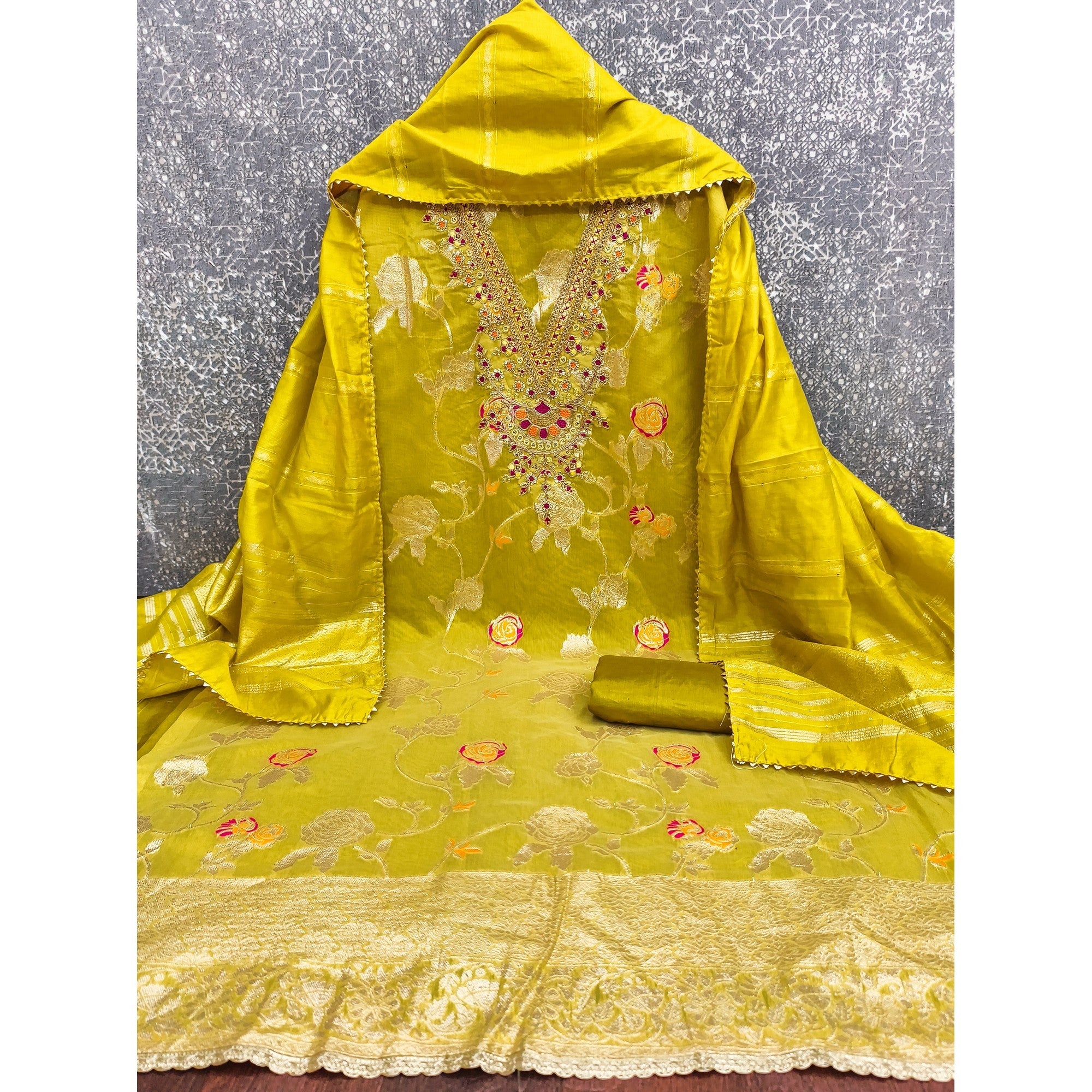 Classic Olive Floral Weaving Jacquard Dress Material Featuring Intricate Cording Embroidery Work - Image 2