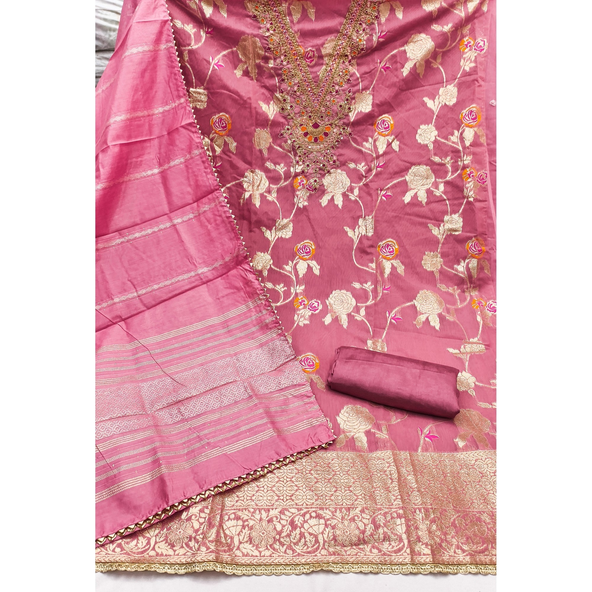 Classic Pink Floral Weaving Jacquard Dress Material Featuring Intricate Cording Embroidery Work - Image 3