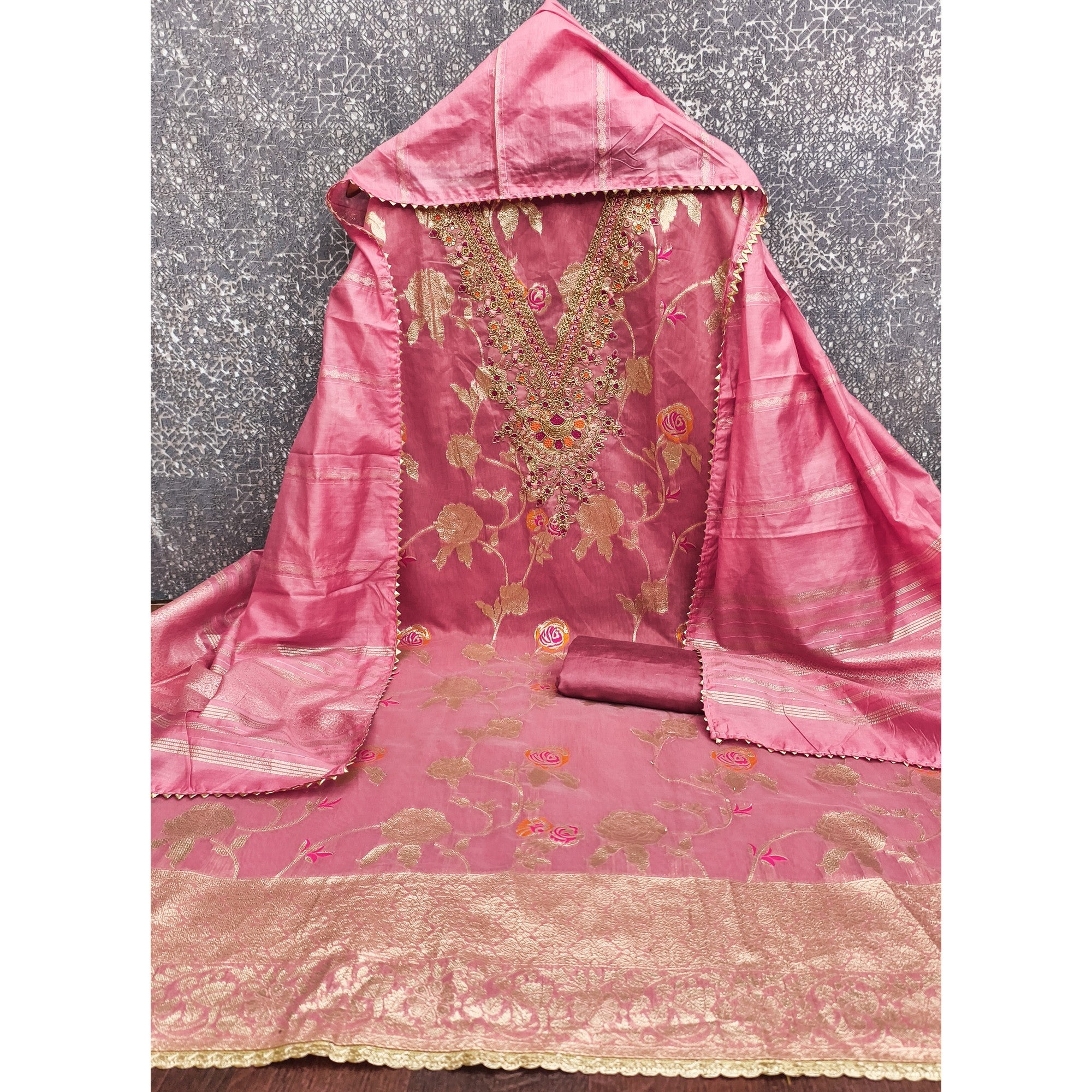 Classic Pink Floral Weaving Jacquard Dress Material Featuring Intricate Cording Embroidery Work - Image 4