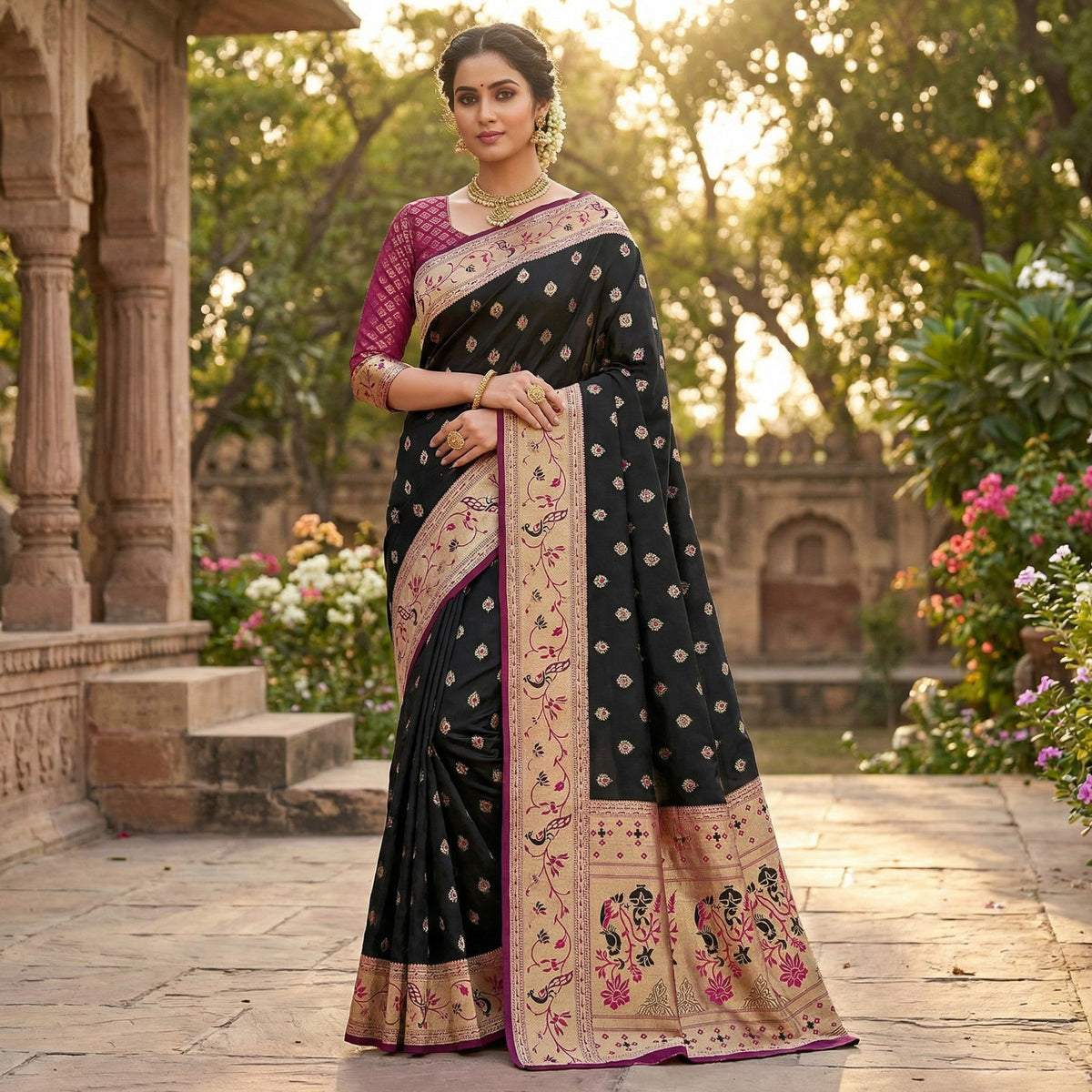 Black Designer Banarasi Silk Saree with Intricate Zari Weaving and Silk Texture - Image 1