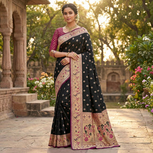 Black Designer Banarasi Silk Saree with Intricate Zari Weaving and Silk Texture - Image 1