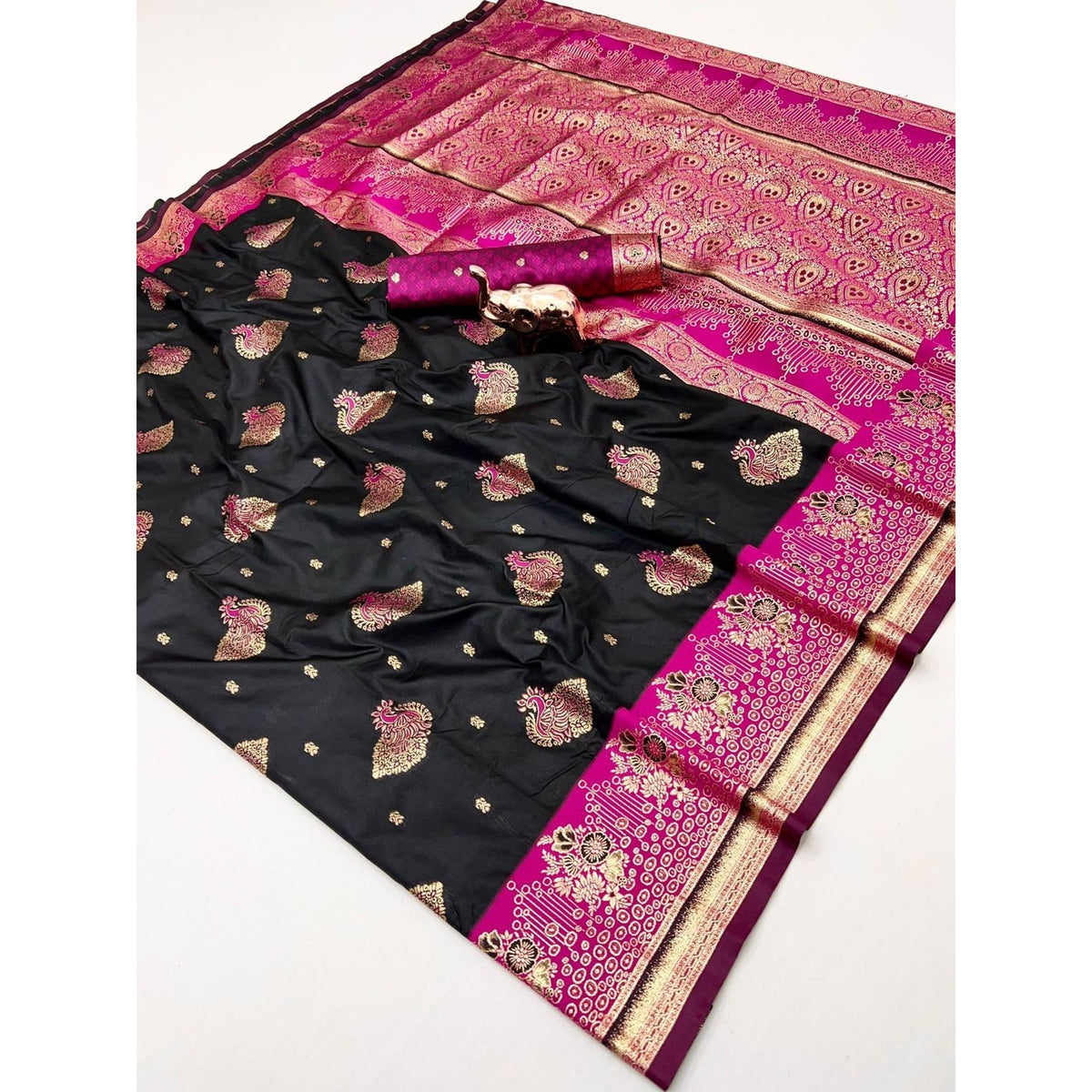 Black Authentic Banarasi Silk Saree with Fine Zari Weaving and Traditional Appeal - Image 2