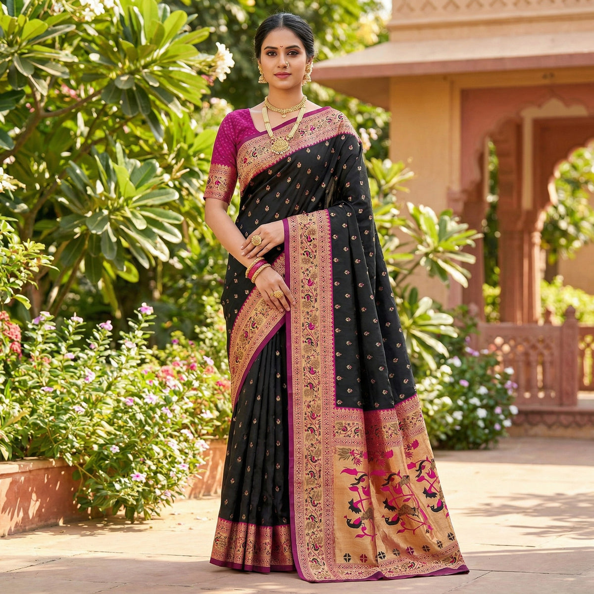 Black Traditional Banarasi Silk Saree with Rich Zari Weaving and Timeless Elegance - Image 1