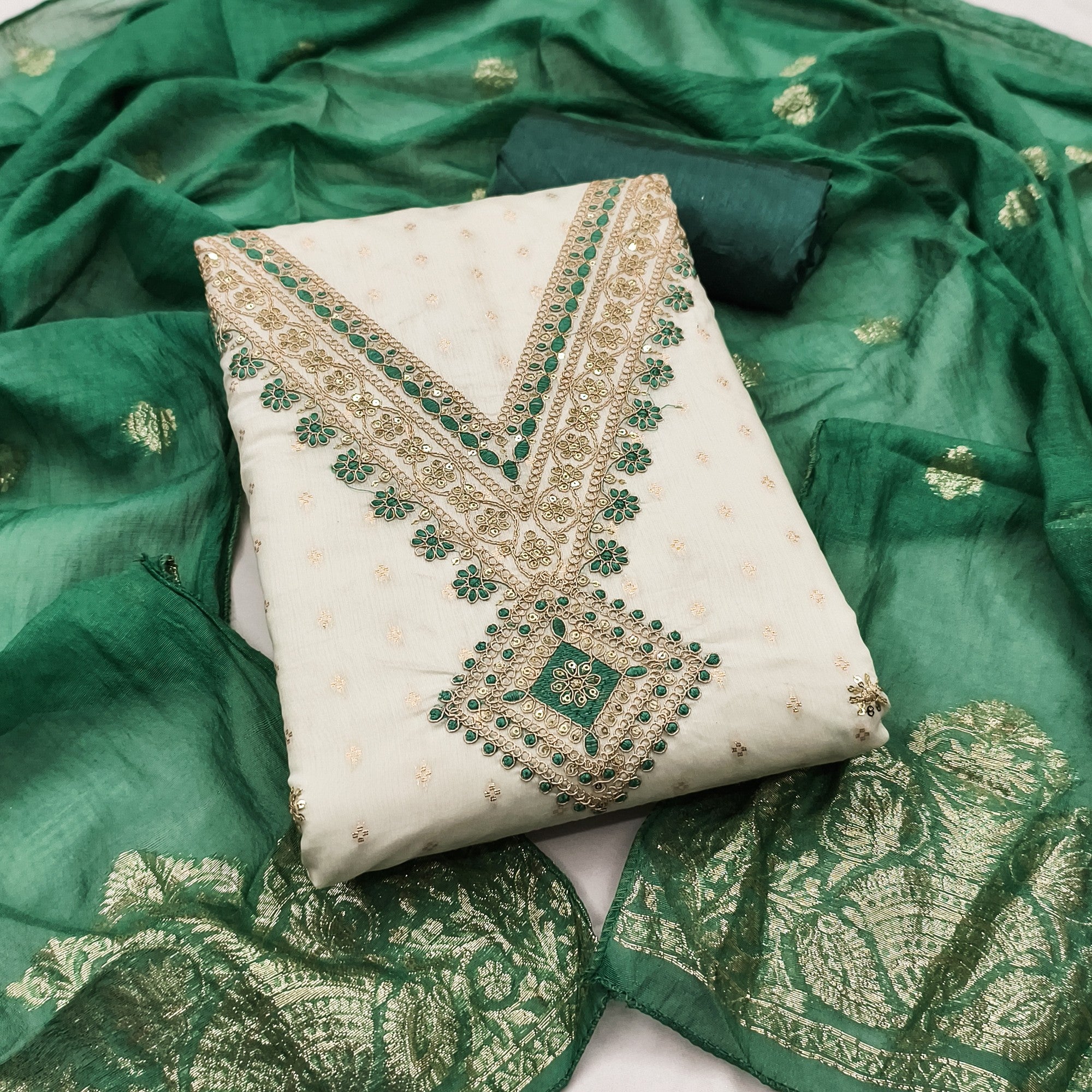 Elegant Cream & Green Butti Chanderi Silk Dress Material With Cording & Sequins Embroidery Work - Image 1