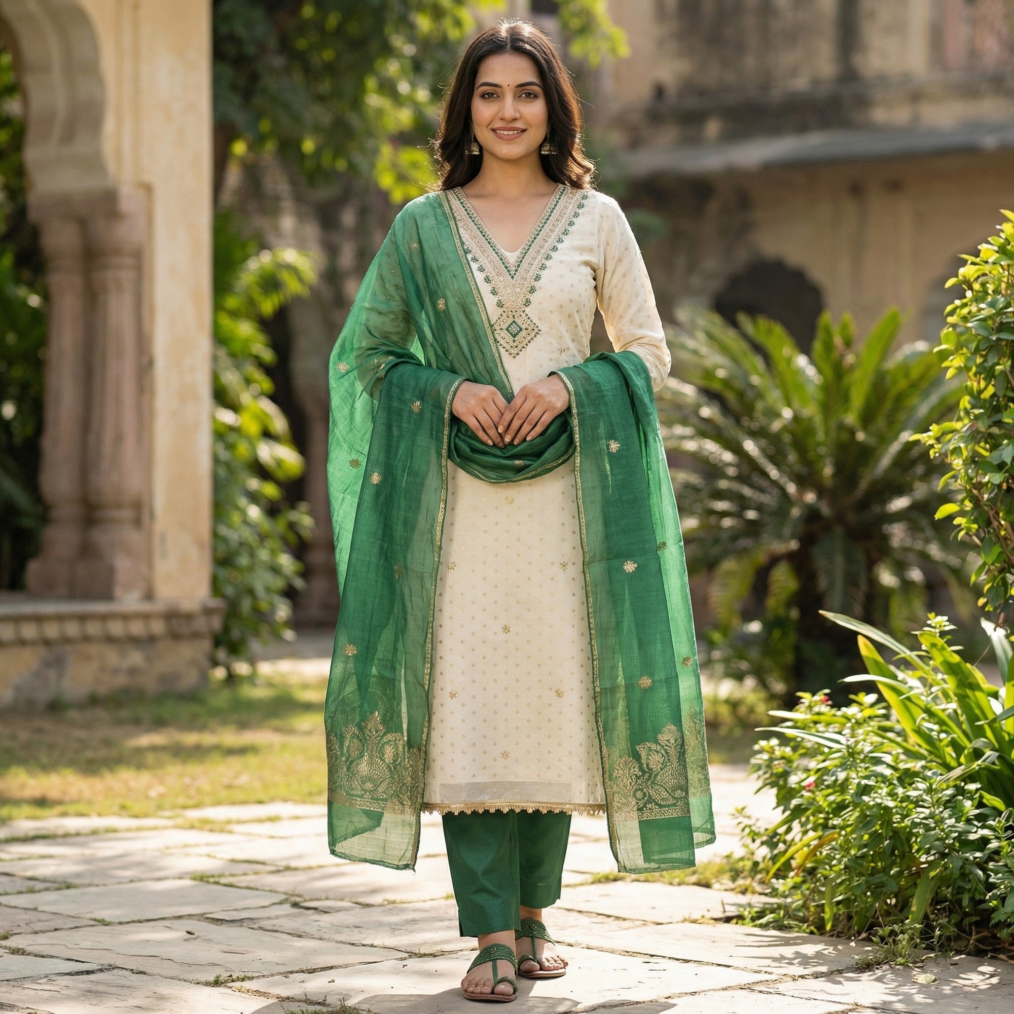 Elegant Cream & Green Butti Chanderi Silk Dress Material With Cording & Sequins Embroidery Work - Image 1