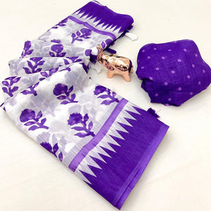 Purple Floral Printed Linen Saree with Polka Dot Blouse Piece - Image 2