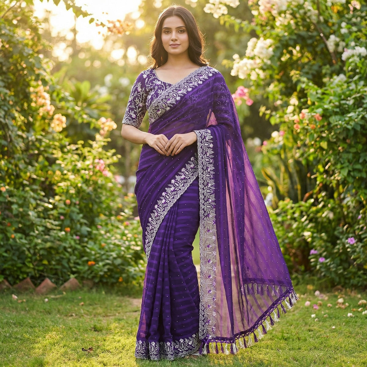 Graceful Purple Floral Embroidery & Swarovski Work Chiffon Saree With Luxurious Tassel Pallu - Image 2