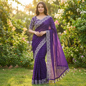 Graceful Purple Floral Embroidery & Swarovski Work Chiffon Saree With Luxurious Tassel Pallu - Image 2
