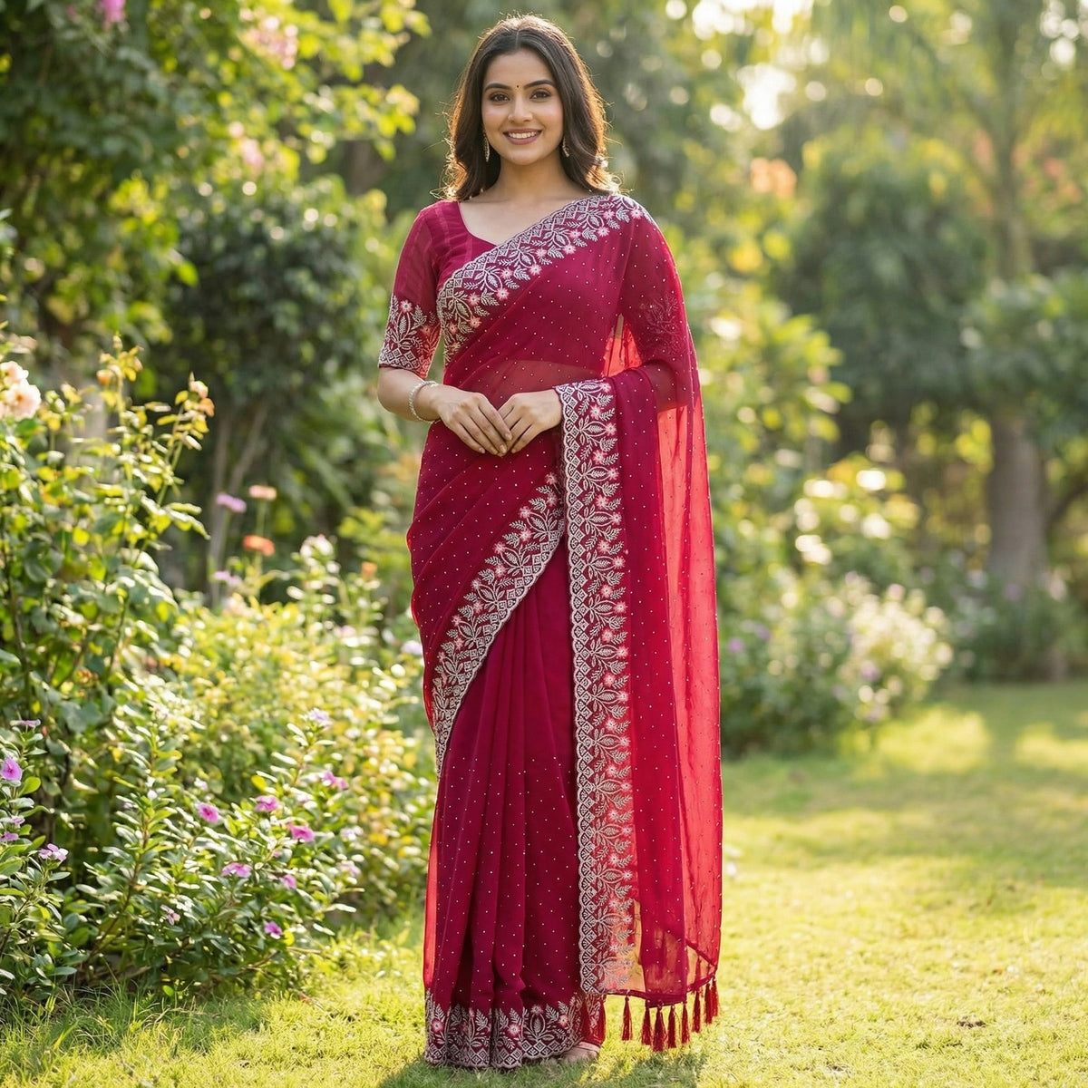 Graceful Pink Floral Embroidery & Swarovski Work Chiffon Saree With Luxurious Tassel Pallu - Image 2