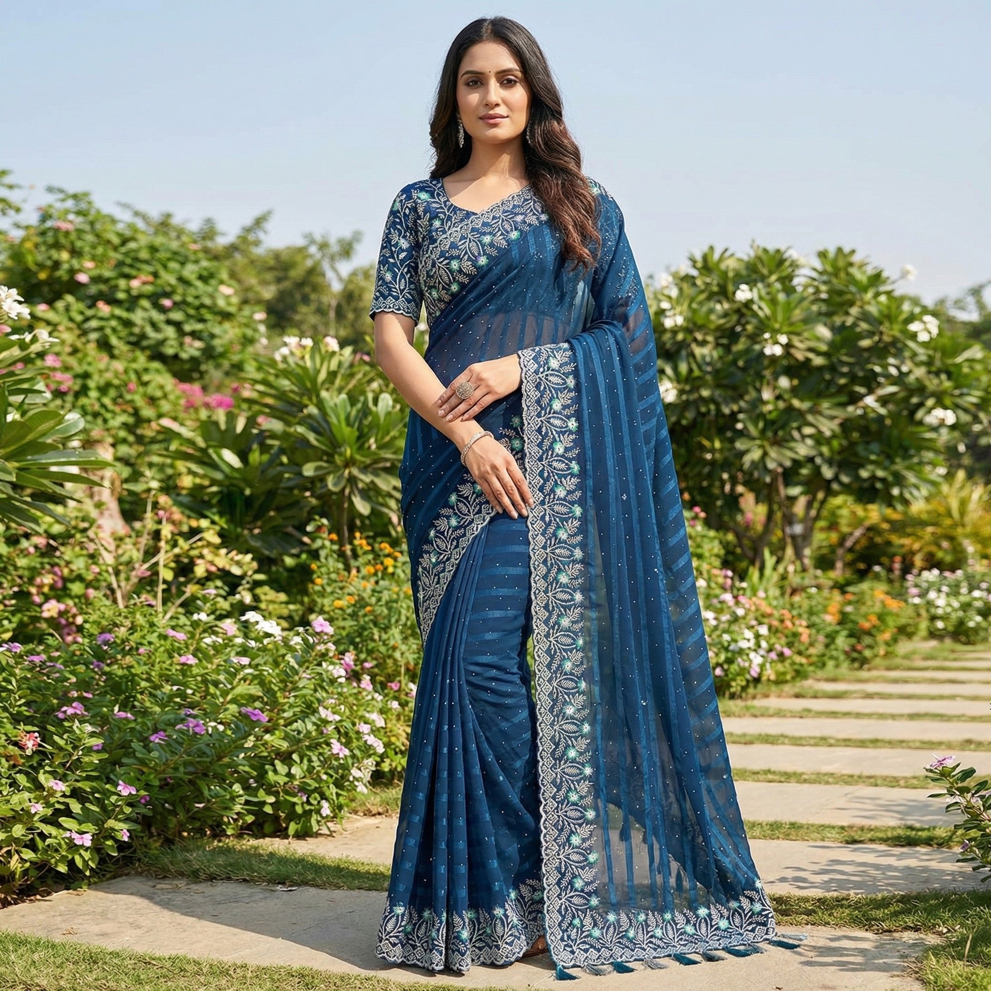 Graceful Blue Floral Embroidery & Swarovski Work Chiffon Saree With Luxurious Tassel Pallu - Image 5