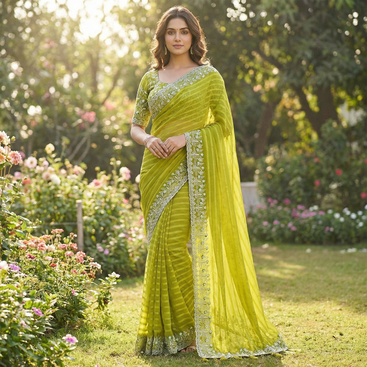 Graceful Parrot Green Floral Embroidery & Swarovski Work Chiffon Saree With Luxurious Tassel Pallu - Image 2