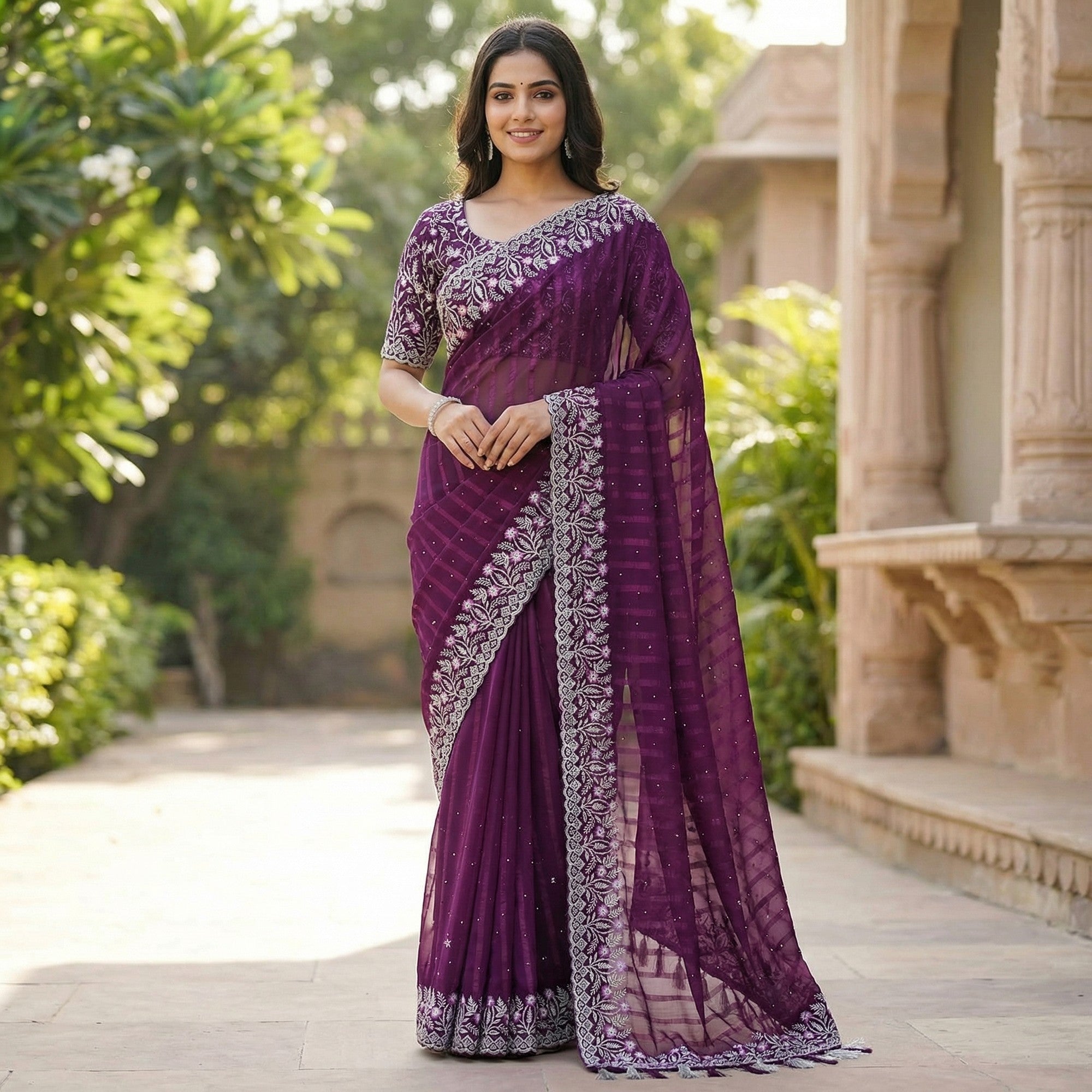 Graceful Wine Floral Embroidery & Swarovski Work Chiffon Saree With Luxurious Tassel Pallu - Image 2