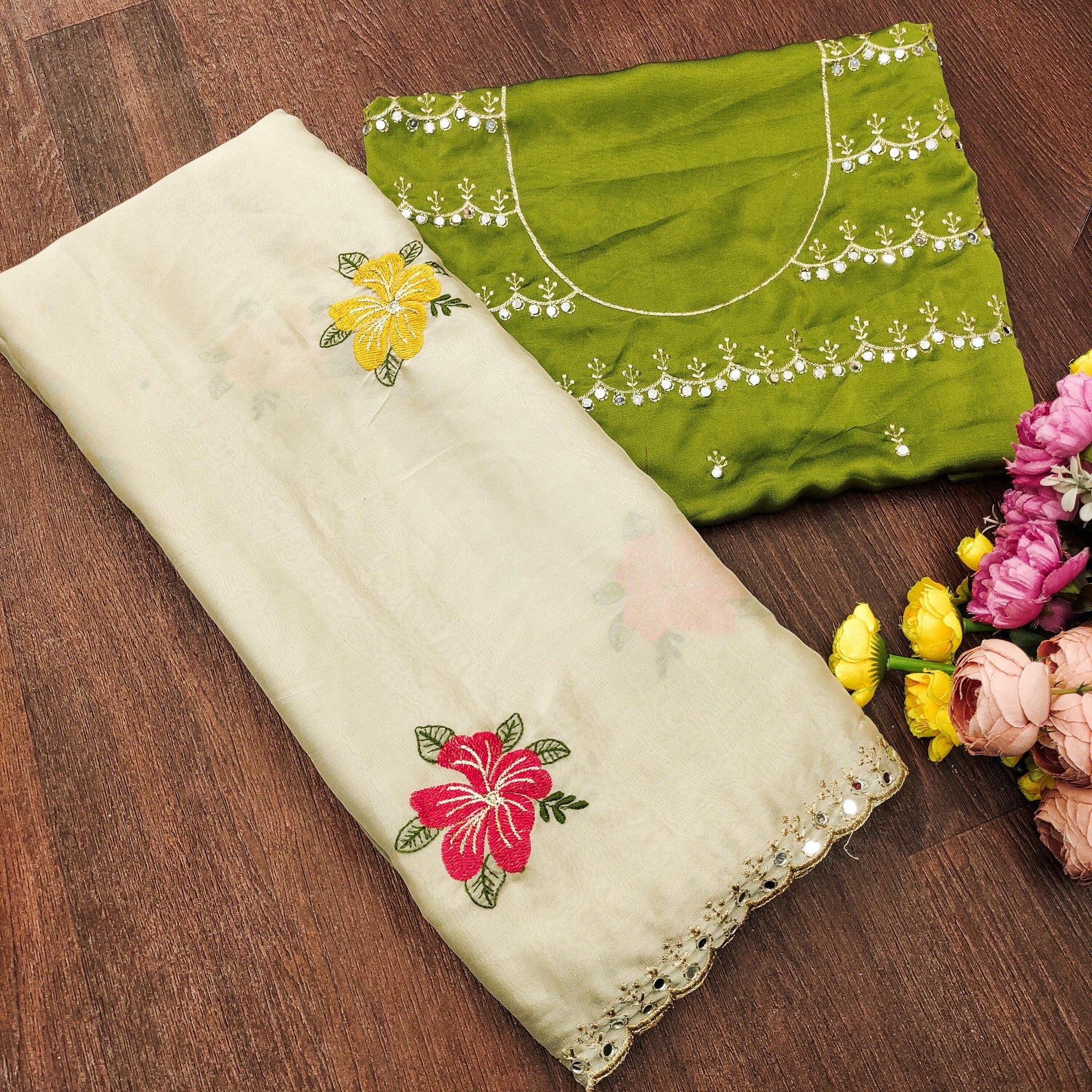 Cream & Green Floral Thread Work Saree Viscose Beautiful Mirror Border Festive Glamour - Image 3