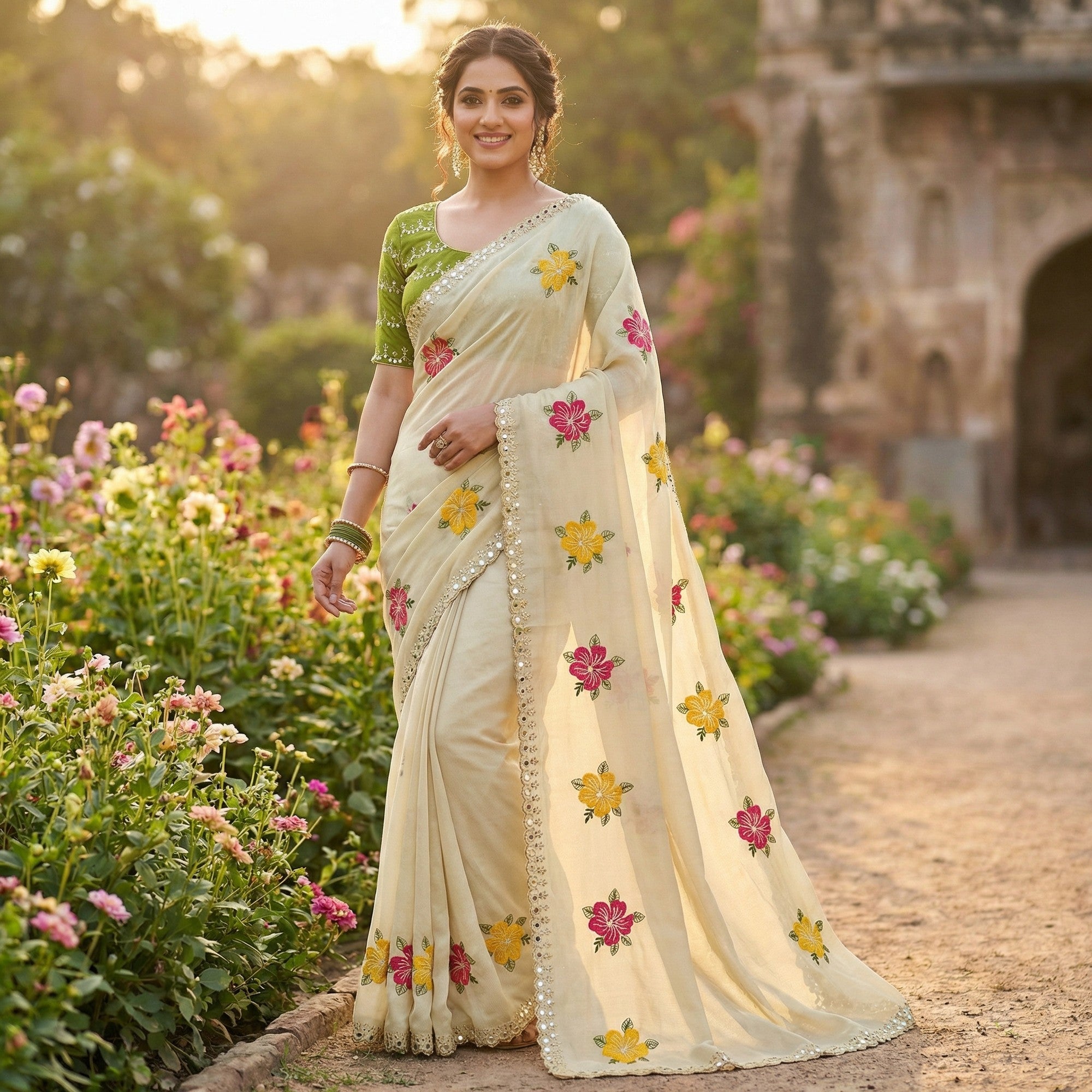 Cream & Green Floral Thread Work Saree Viscose Beautiful Mirror Border Festive Glamour - Image 1