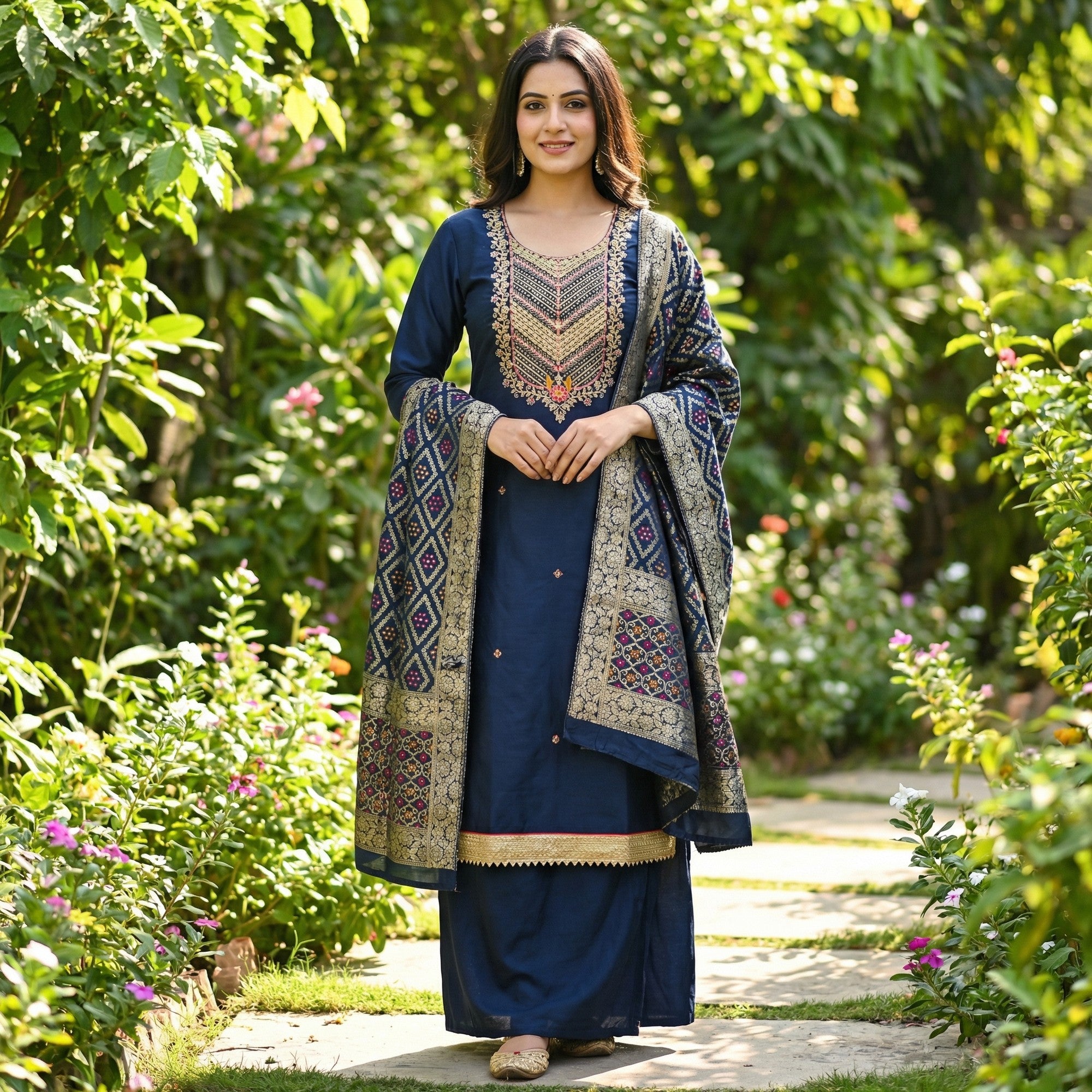 Graceful Navy Blue Cotton Silk Dress Material With Floral Cording Embroidery & Sparkling Sequins - Image 1