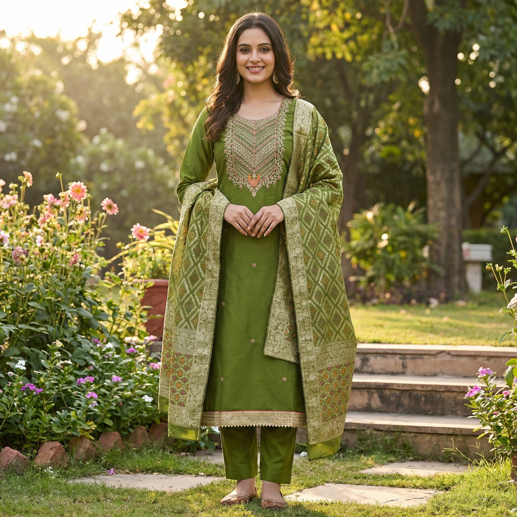 Graceful Green Cotton Silk Dress Material With Floral Cording Embroidery & Sparkling Sequins - Image 1