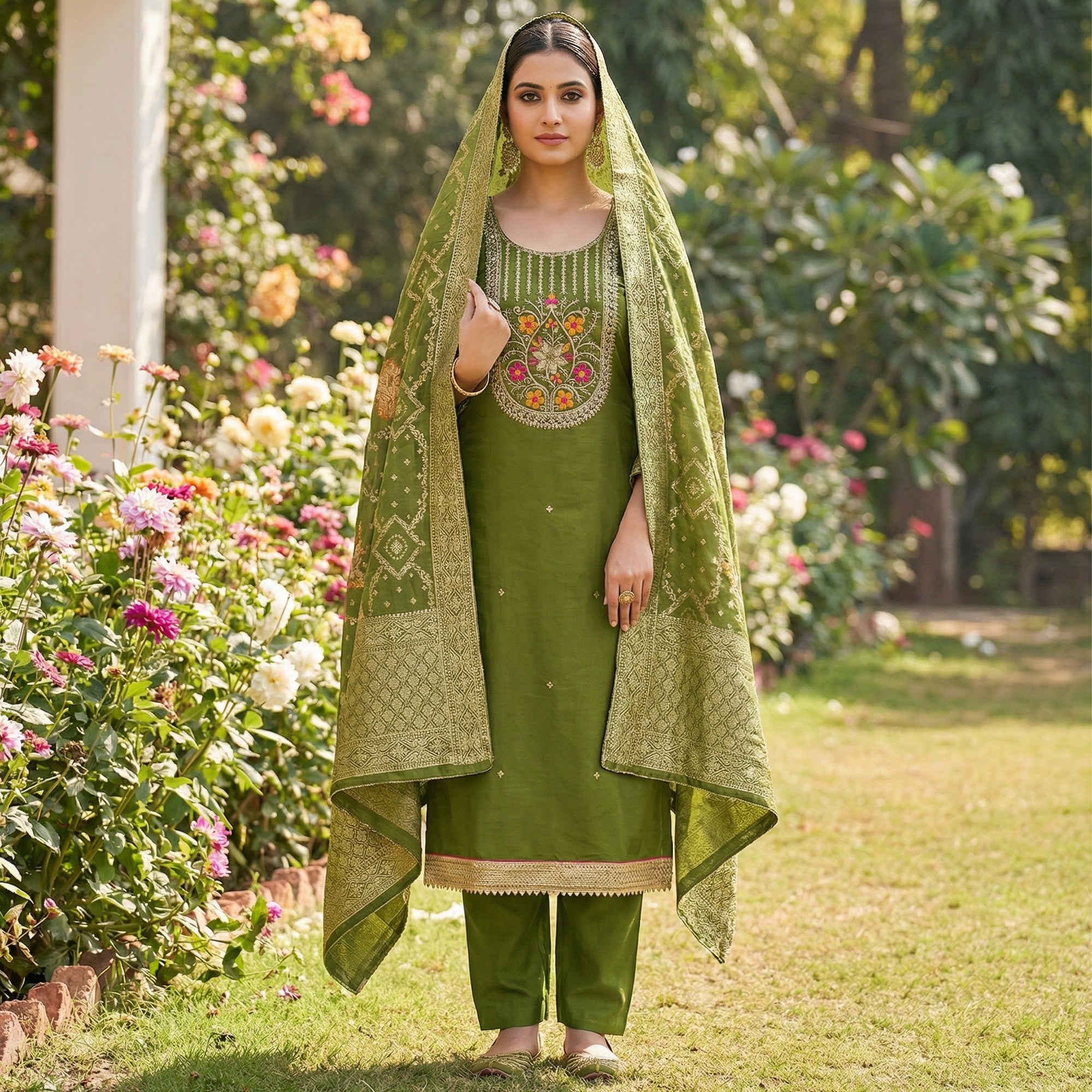 Elegant Green Cotton Silk Dress Material With Floral Embroidery & Shimmering Sequins Work - Image 1