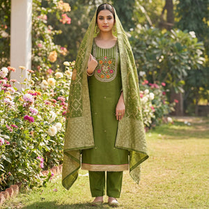 Elegant Green Cotton Silk Dress Material With Floral Embroidery & Shimmering Sequins Work - Image 1