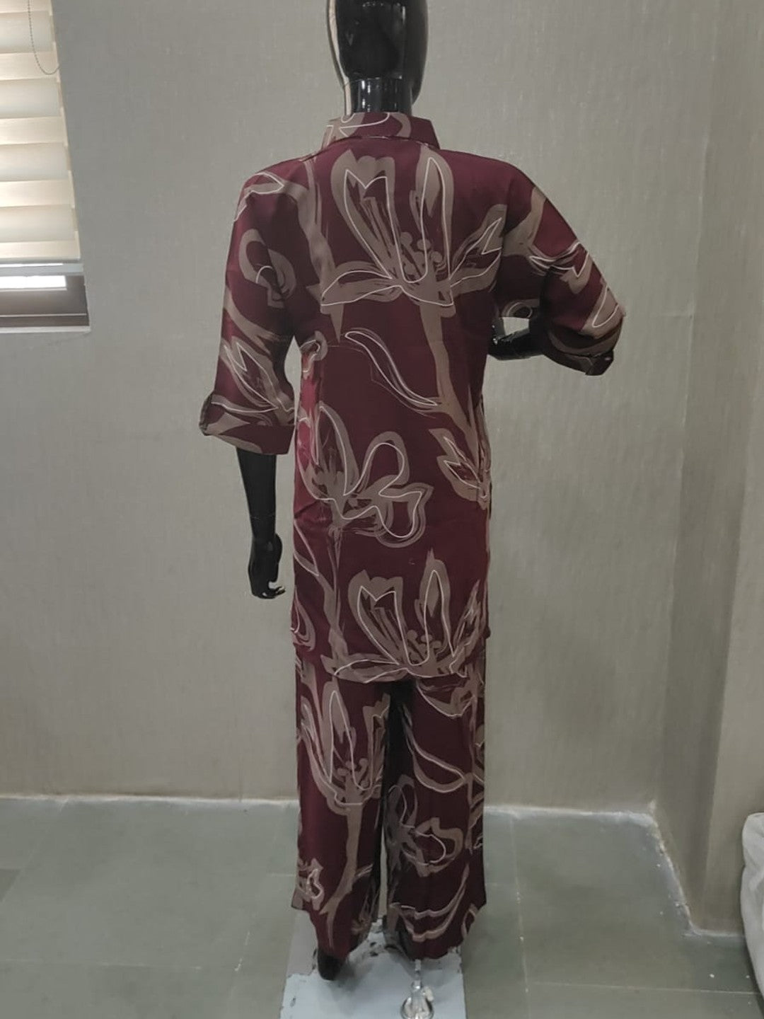 Wine Floral Printed Rayon Shirt-Style Top and Bottom Set for Casual Outings and Relaxed Styling - Image 3
