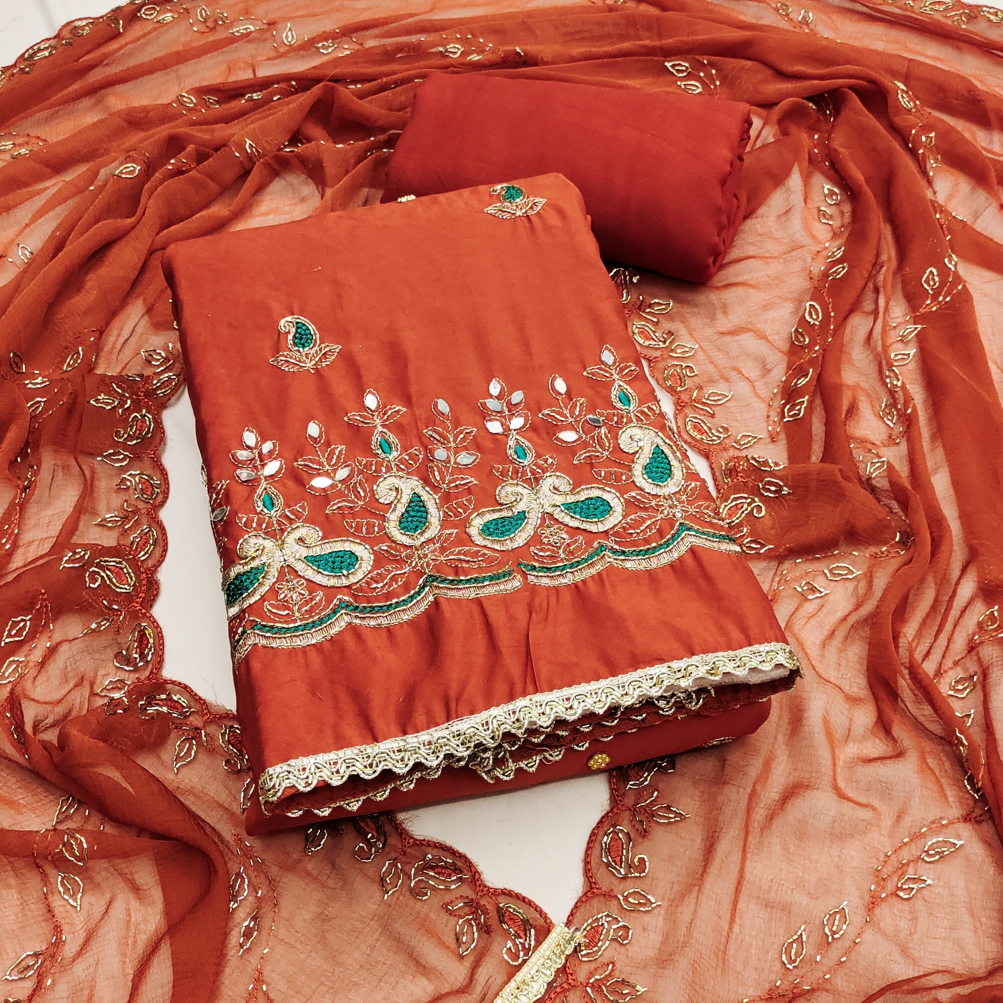 Graceful Rust Embroidered Cotton Silk Dress Material With Beads & Mirror Handwork - Image 1