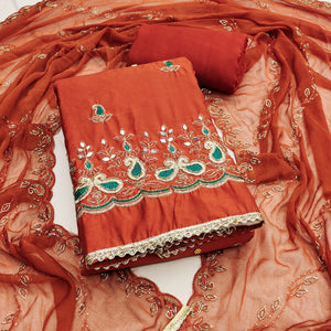 Graceful Rust Embroidered Cotton Silk Dress Material With Beads & Mirror Handwork - Image 1