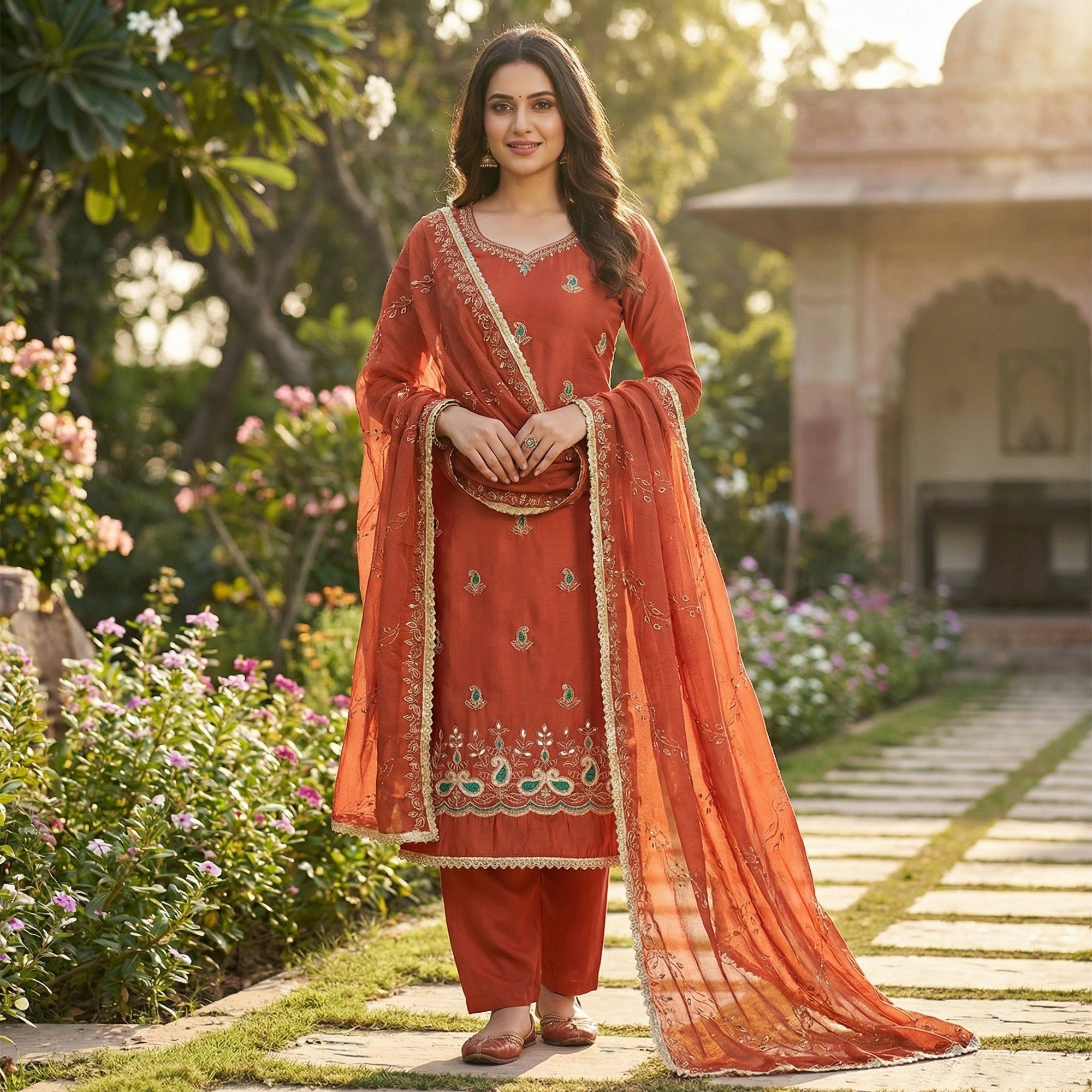 Graceful Rust Embroidered Cotton Silk Dress Material With Beads & Mirror Handwork - Image 2