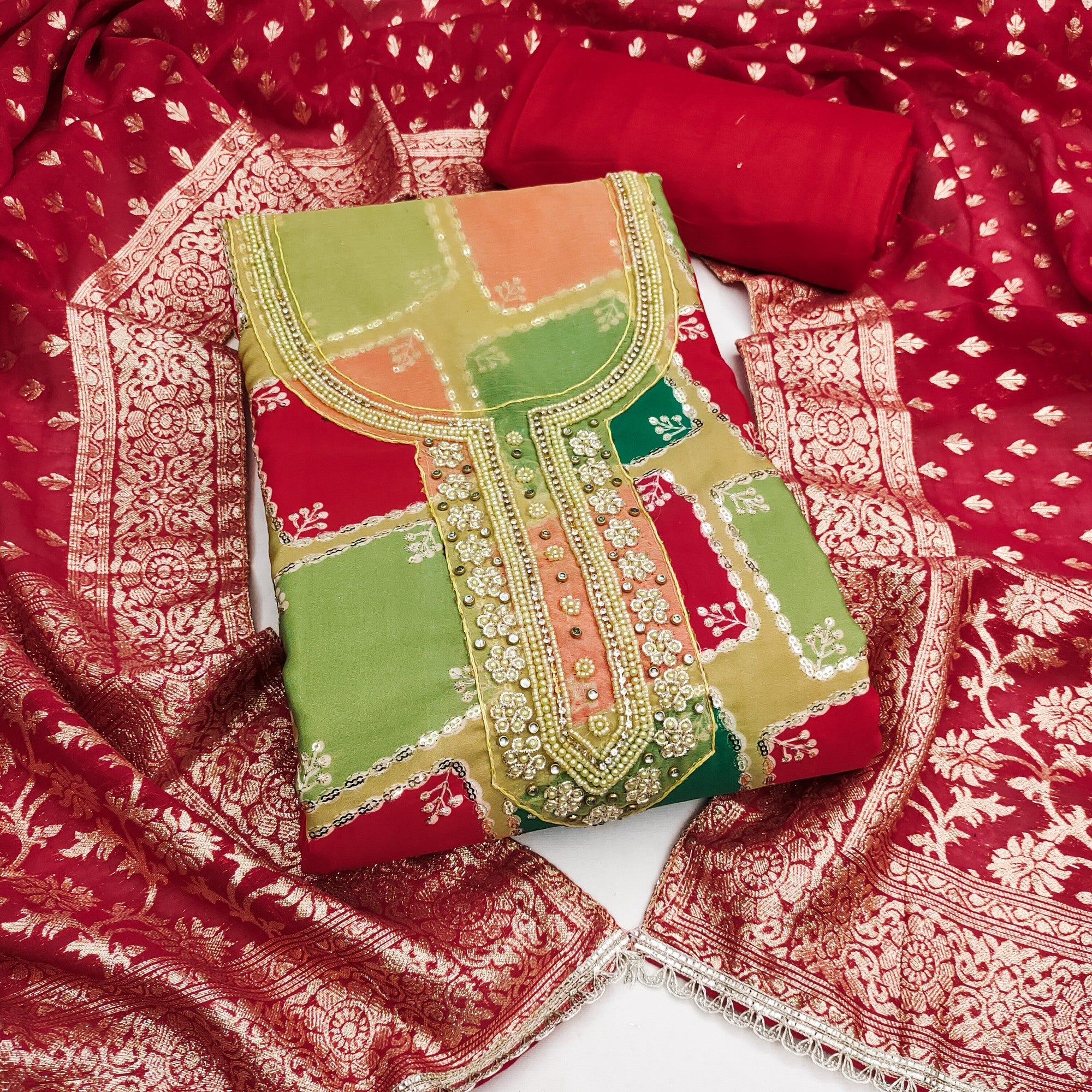 Classic Red Sequins Embroidered Cotton Silk Dress Material With Digital Print & Moti Handwork - Image 1