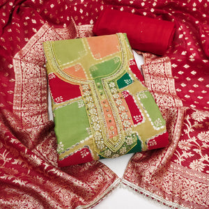 Classic Red Sequins Embroidered Cotton Silk Dress Material With Digital Print & Moti Handwork - Image 1
