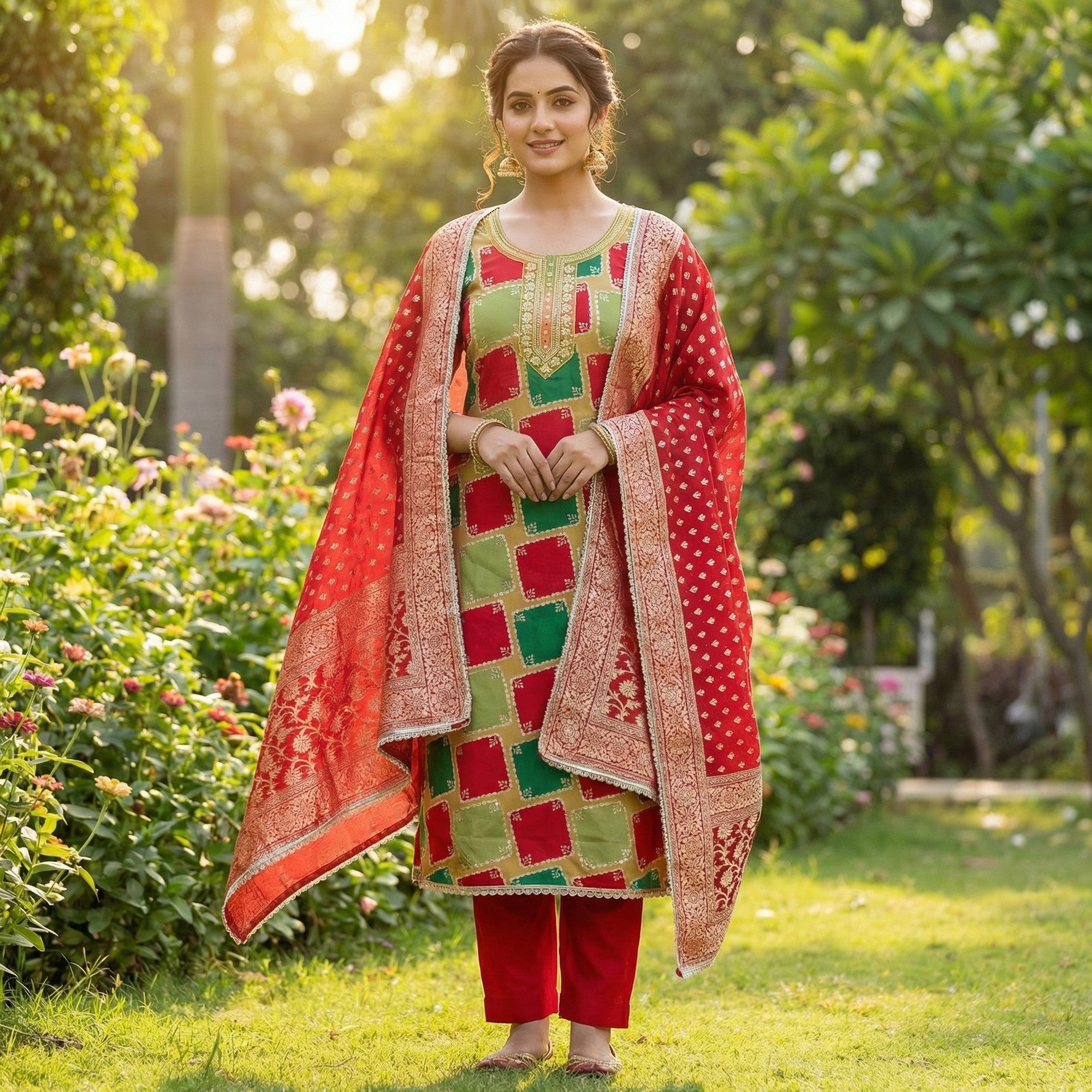 Classic Red Sequins Embroidered Cotton Silk Dress Material With Digital Print & Moti Handwork - Image 2