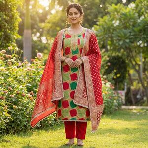 Classic Red Sequins Embroidered Cotton Silk Dress Material With Digital Print & Moti Handwork - Image 2