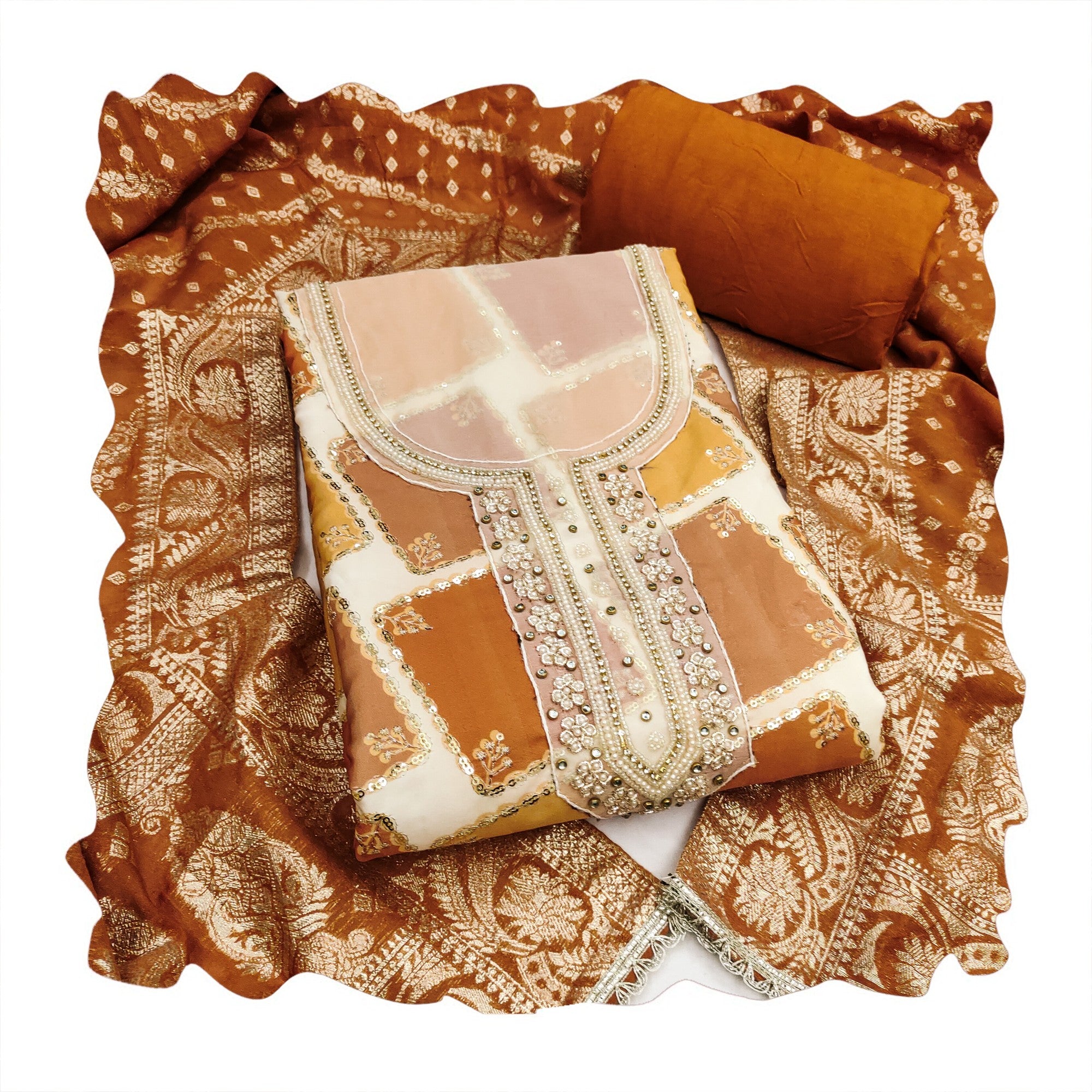 Classic Borwn Sequins Embroidered Cotton Silk Dress Material With Digital Print & Moti Handwork - Image 3