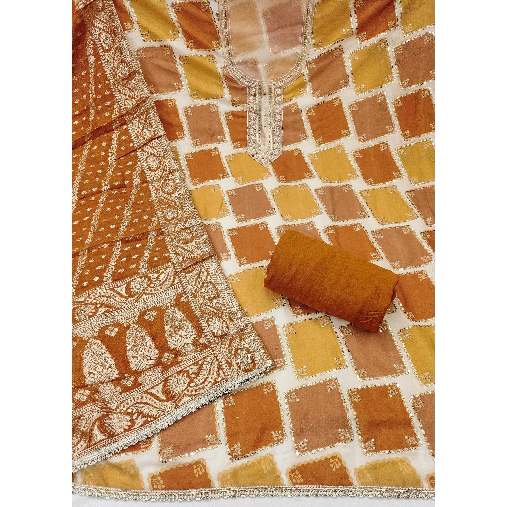 Classic Borwn Sequins Embroidered Cotton Silk Dress Material With Digital Print & Moti Handwork - Image 3