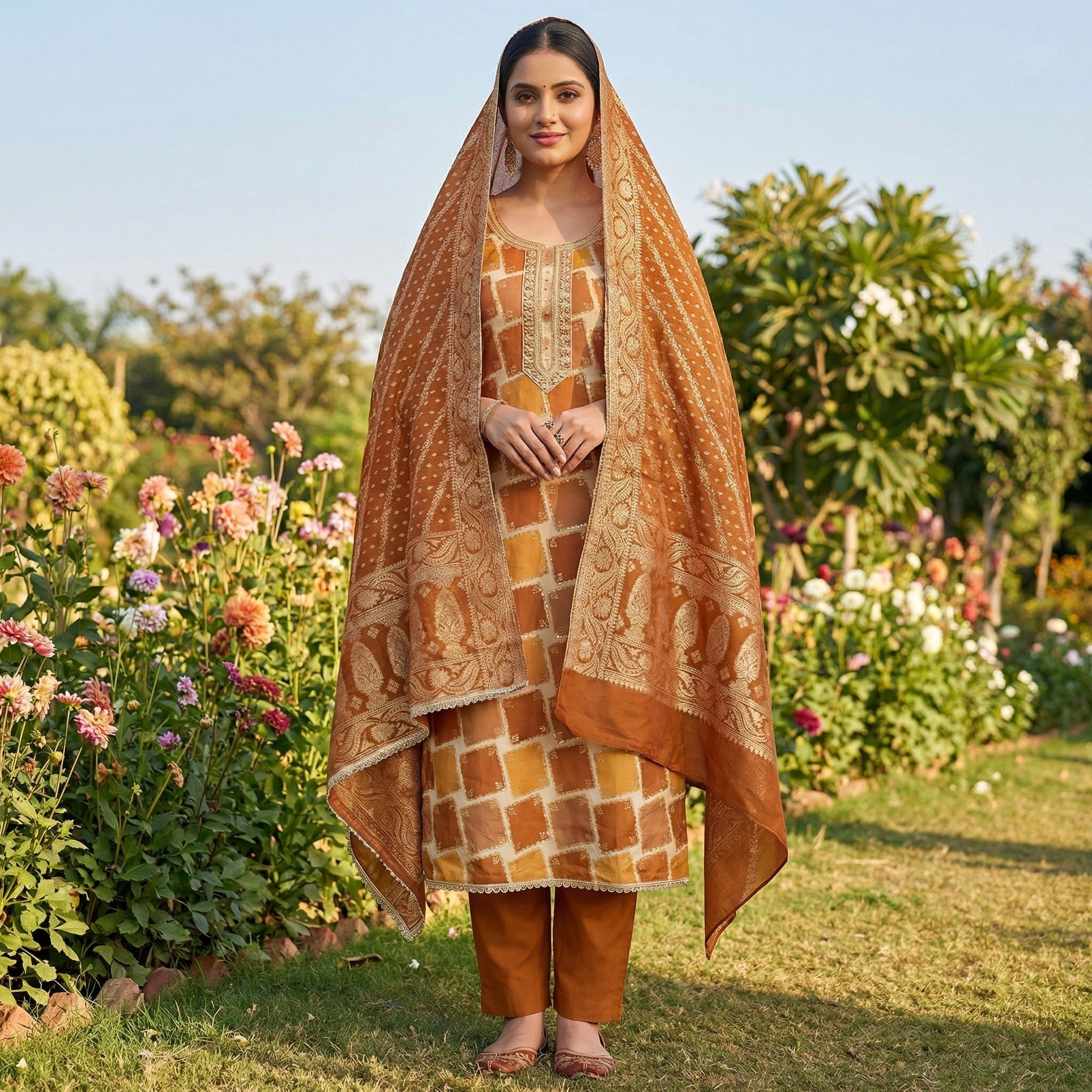 Classic Borwn Sequins Embroidered Cotton Silk Dress Material With Digital Print & Moti Handwork - Image 1