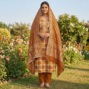 Classic Borwn Sequins Embroidered Cotton Silk Dress Material With Digital Print & Moti Handwork - Image 2